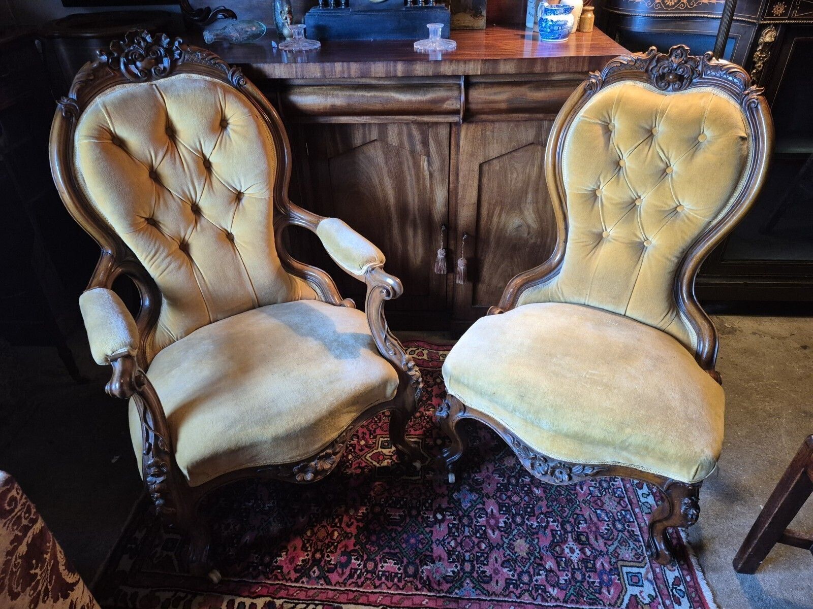photo buy A Fab Pair Of Floral Carved Victorian Walnut Mustard Velvet Arm & Nursing Chairs
