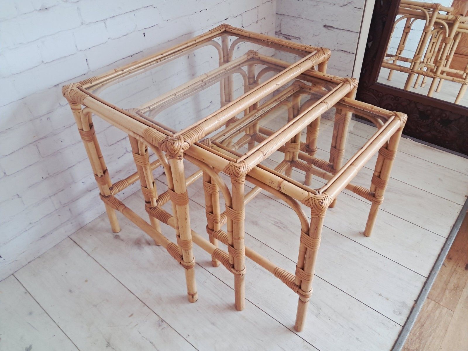 Vintage Bamboo Nest Tables Trio Glass Top Rattan Side Tables Boho Coastal 1970s photo 185.0