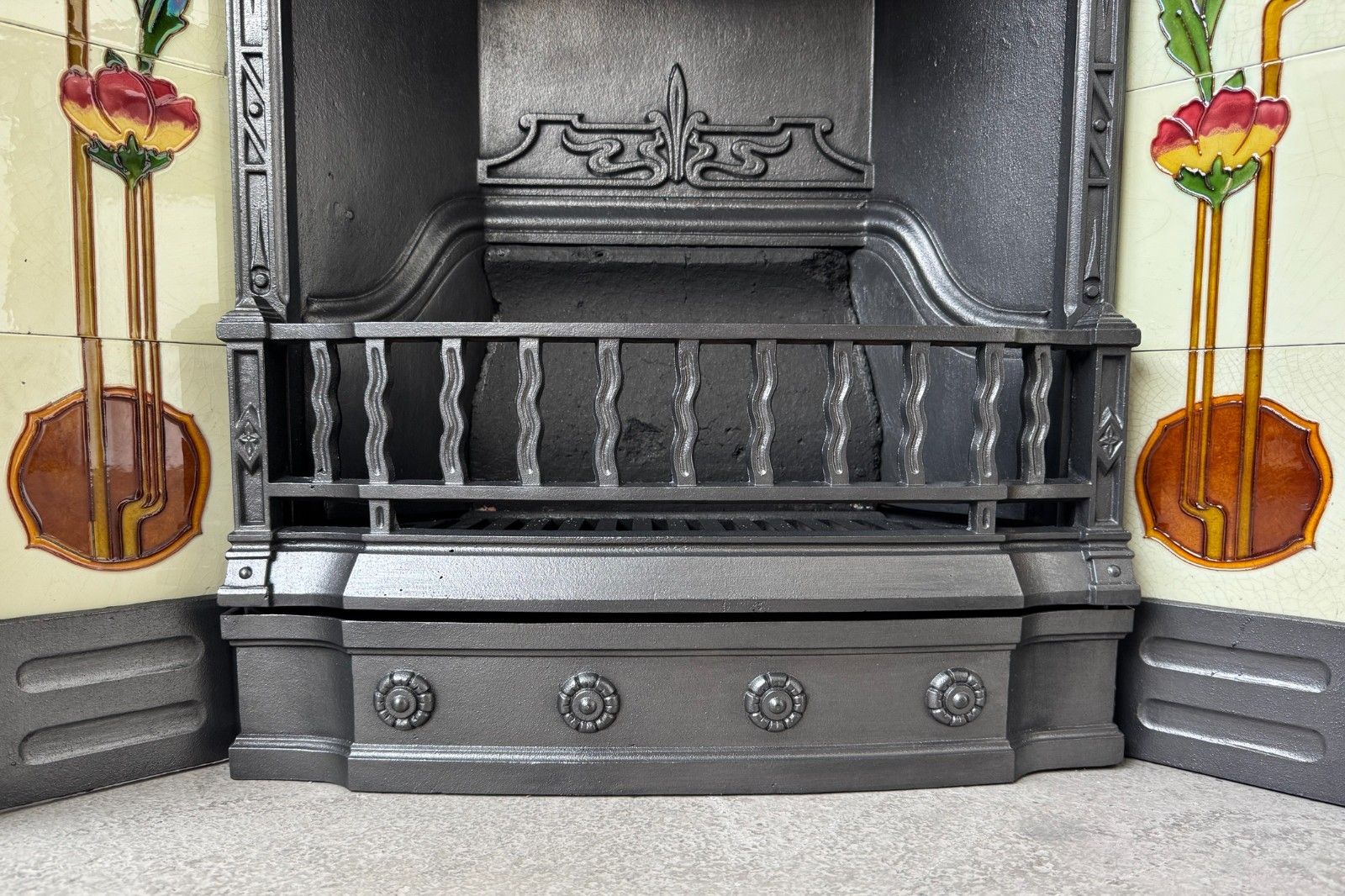 photo vinterior Edwardian Cast Iron Tiled Fireplace Circa 1902. Large Antique Reclaimed Restored