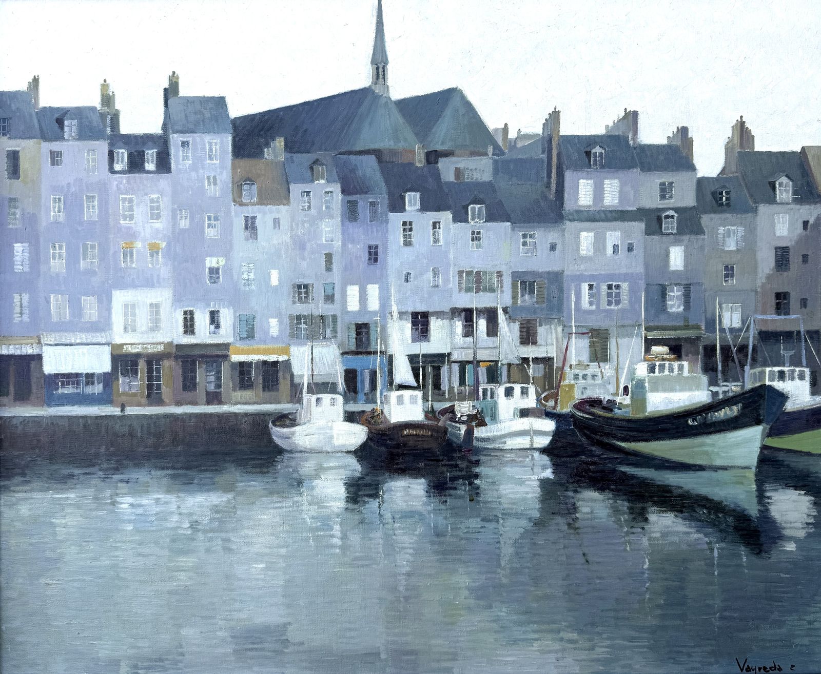Josep Maria Vayreda Canadell Honfleur Normandy Harbor Oil Painting With Boats And Historic Architecture 1990s photo furniture