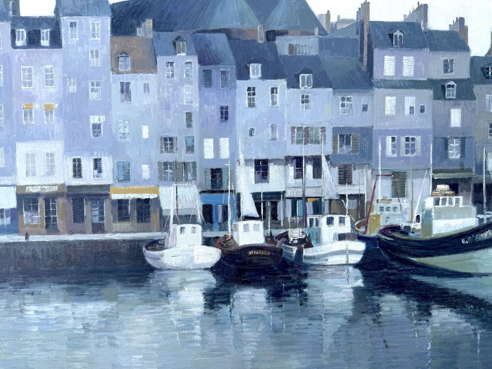 Peinture à l'huile Josep Maria Vayreda Canadell, port de Honfleur en Normandie avec bateaux et architecture historique, années 1990 photo buy