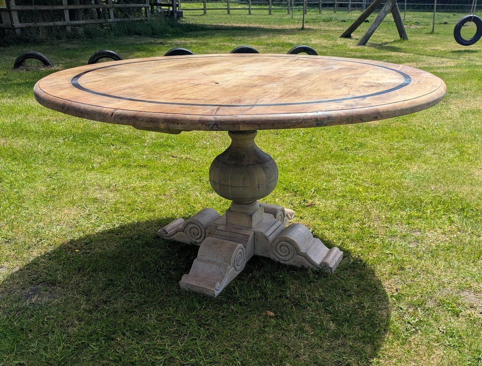 Large Vintage Acacia Wood Round Pedestal Table Delivery Available 0334. photo vinterior
