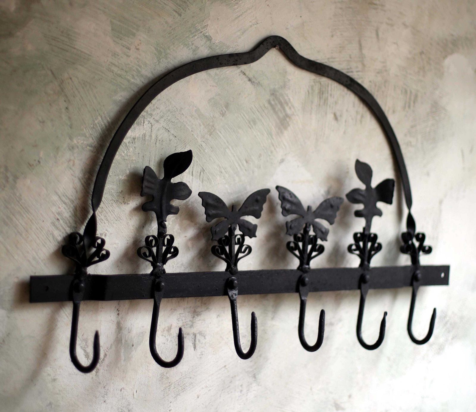 Antique Pan Rack Wall Mounted Pot Hanger Wrought Iron Hooks With Butterflies photo vinterior