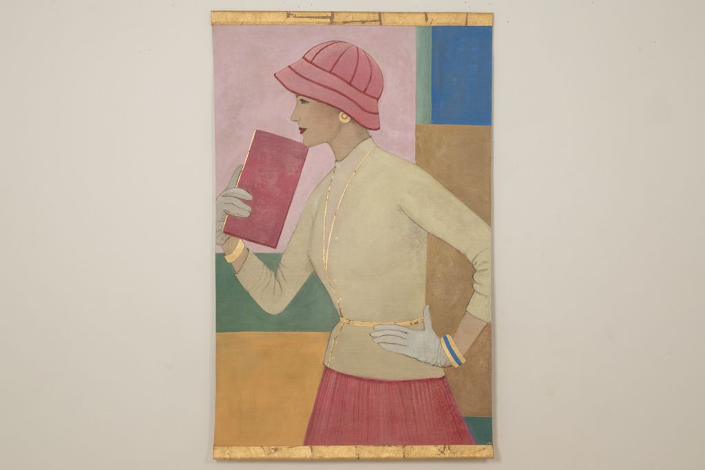 Painted Canvas Depicting A Woman From The 1950s. Contemporary Work. photo furniture