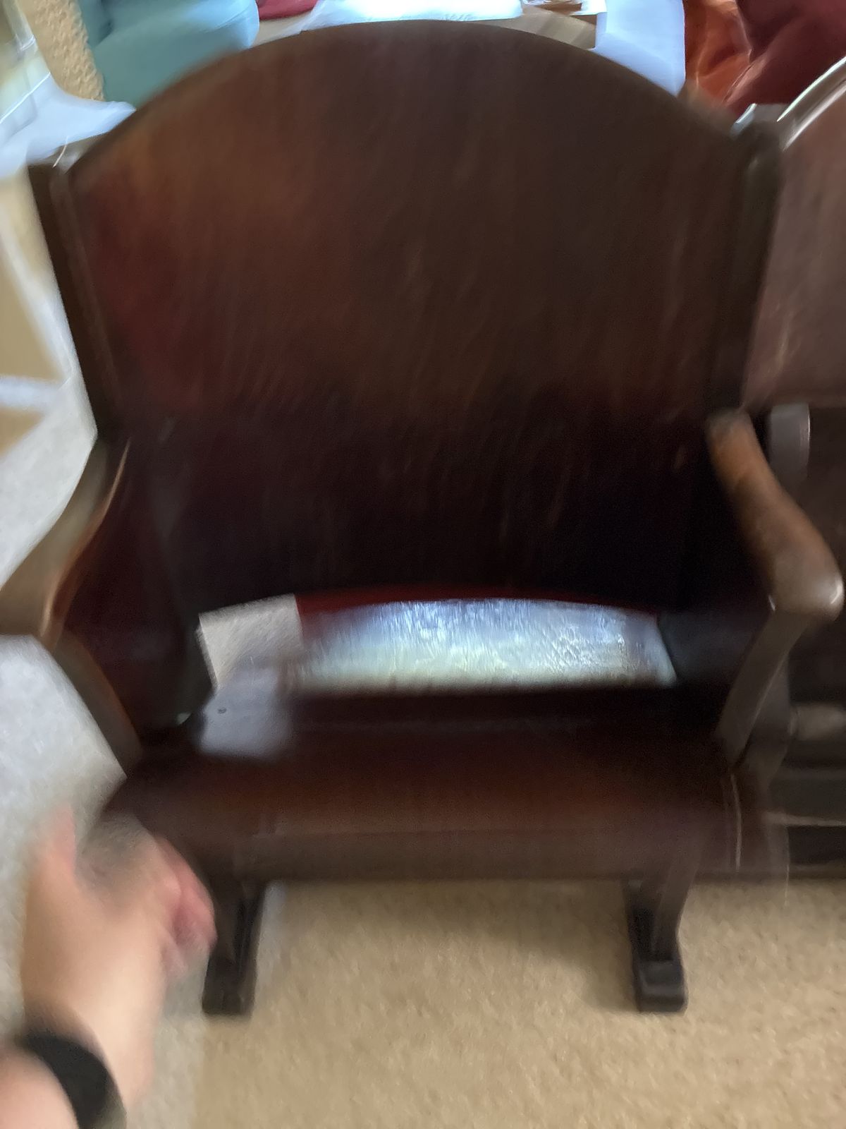 Set Of Three Cinema Chairs In Attractive Dark Wood Good Used Condition photo for sale