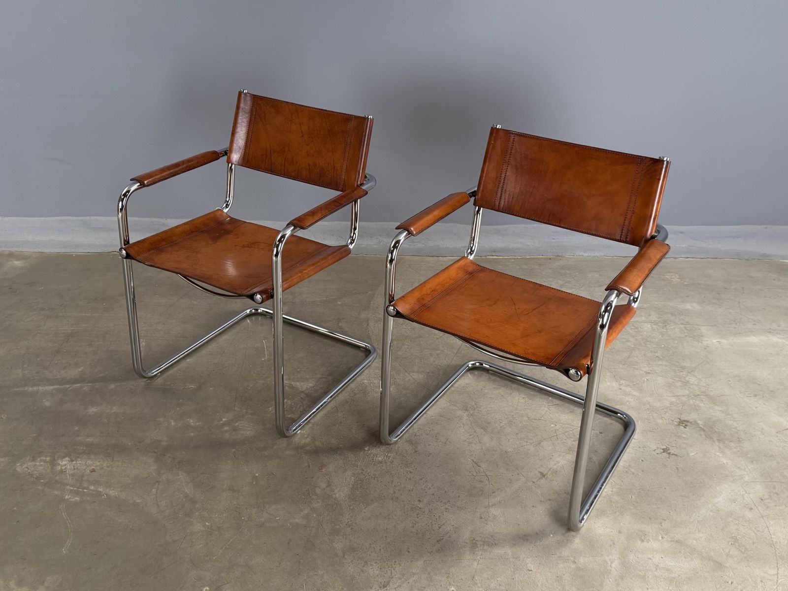 Pair Dining Or Desk Chair Mart Stam Marcel Breuer S34 Set Of 2 Two Chrome Tan Cognac Brown Leather Cantilever Bauhaus Matteo Grassi photo vinterior