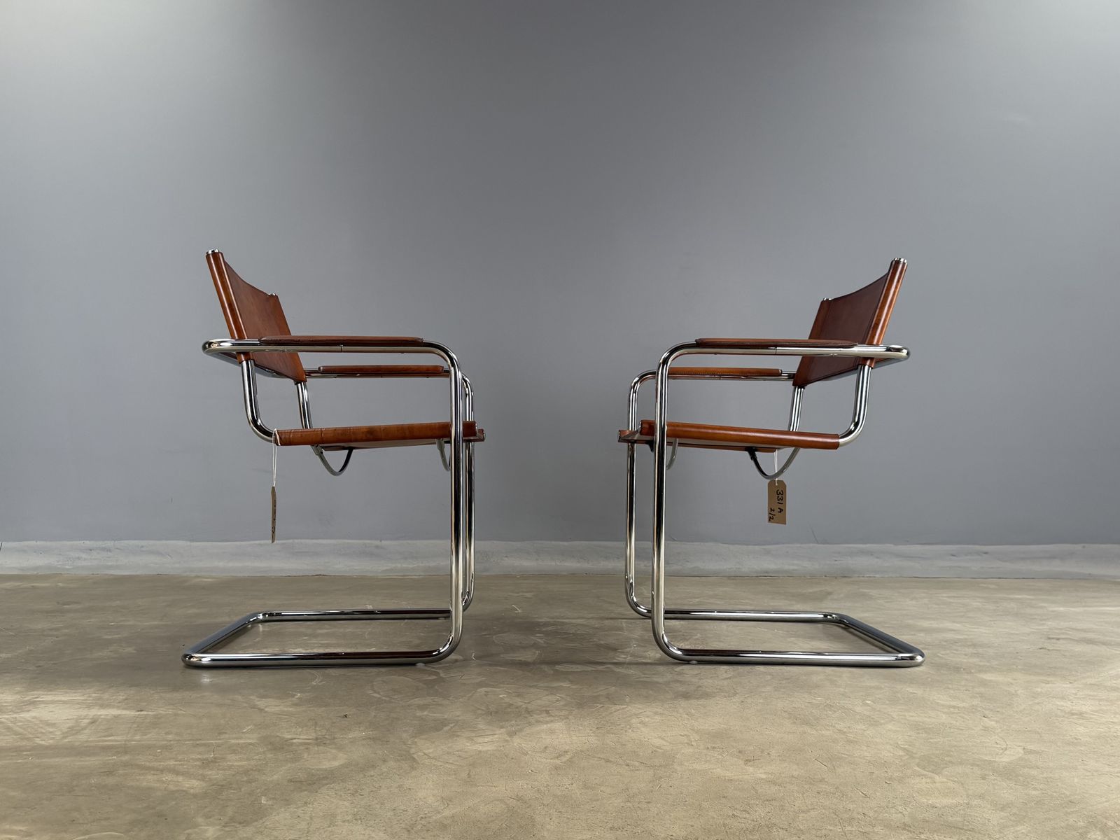 Pair Dining Or Desk Chair Mart Stam Marcel Breuer S34 Set Of 2 Two Chrome Tan Cognac Brown Leather Cantilever Bauhaus Matteo Grassi photo buy