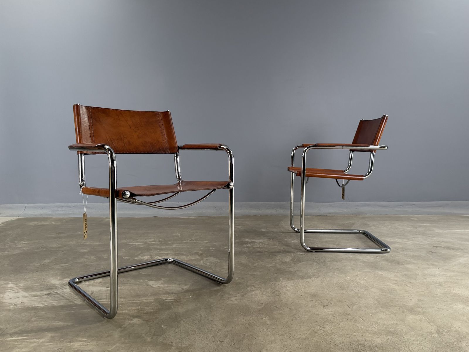 photo for sale Pair Dining Or Desk Chair Mart Stam Marcel Breuer S34 Set Of 2 Two Chrome Tan Cognac Brown Leather Cantilever Bauhaus Matteo Grassi