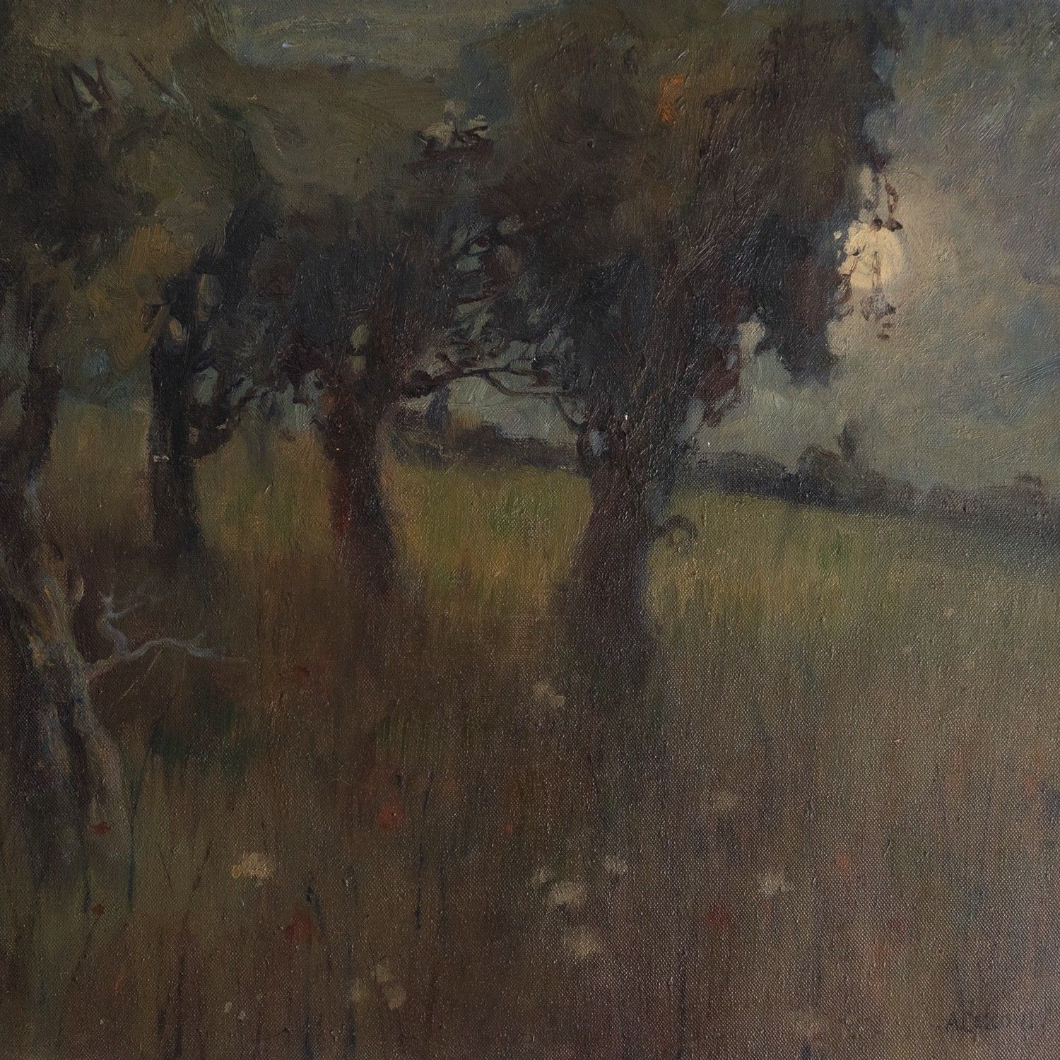 Italian Moonlight Landscape By Alberto Cecconi, Vintage Original Oil Painting photo furniture