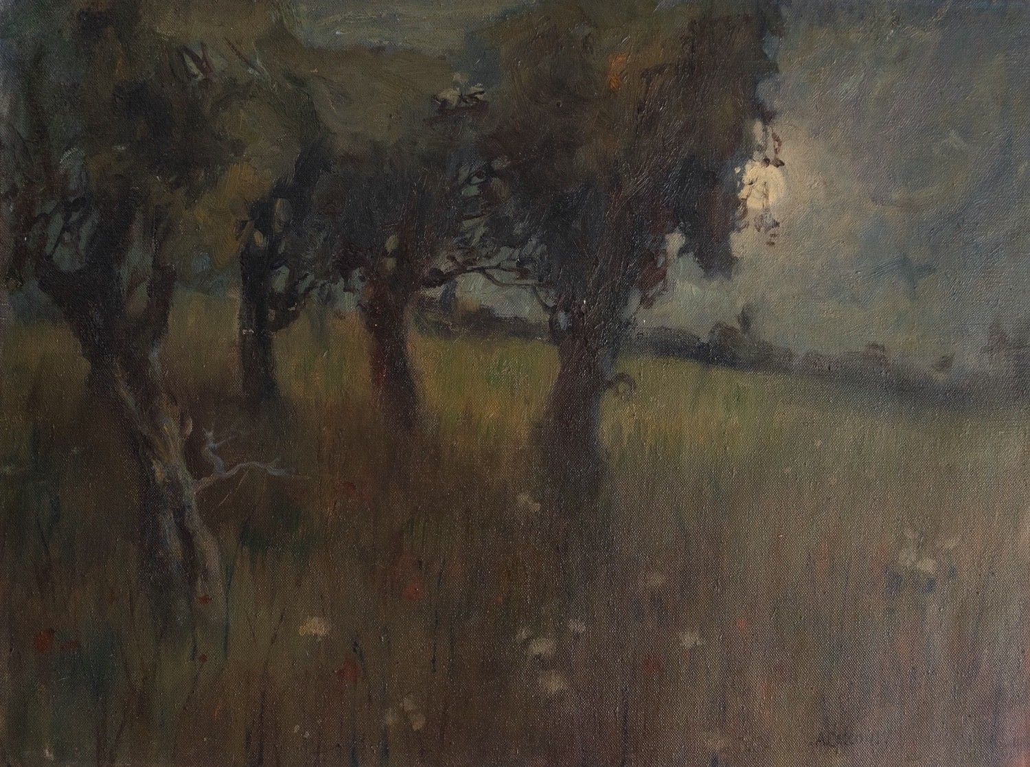Italian Moonlight Landscape By Alberto Cecconi, Vintage Original Oil Painting photo for sale