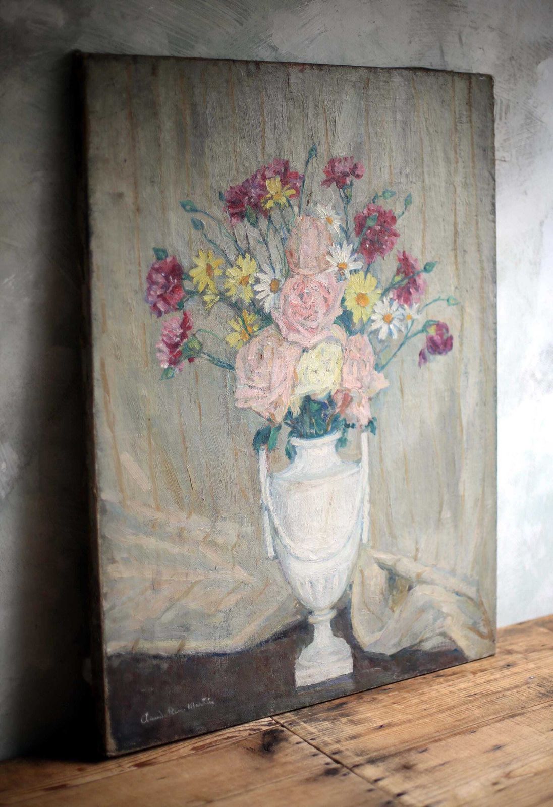French Floral Oil Painting Antique Canvas Art Flowers Large Still Life Claude Rene Martin photo furniture