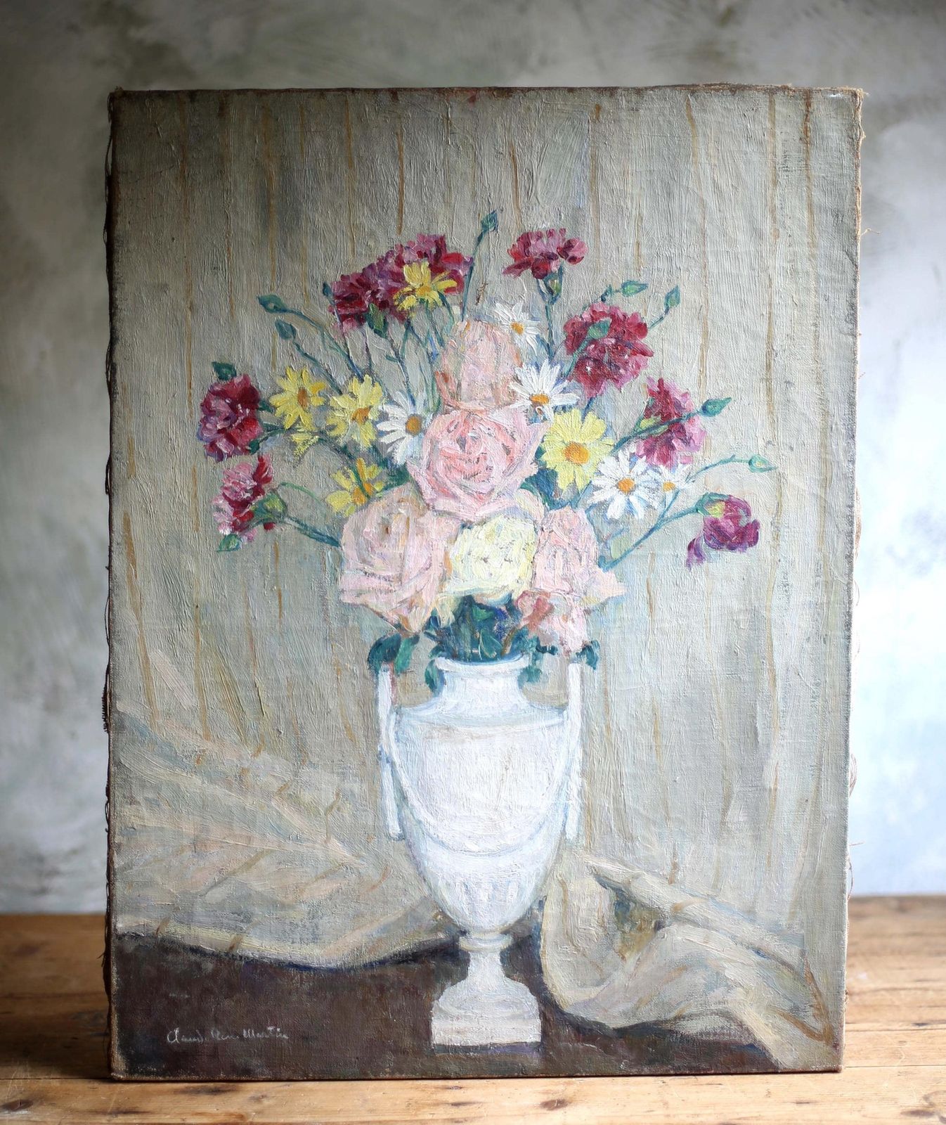 French Floral Oil Painting Antique Canvas Art Flowers Large Still Life Claude Rene Martin photo for sale