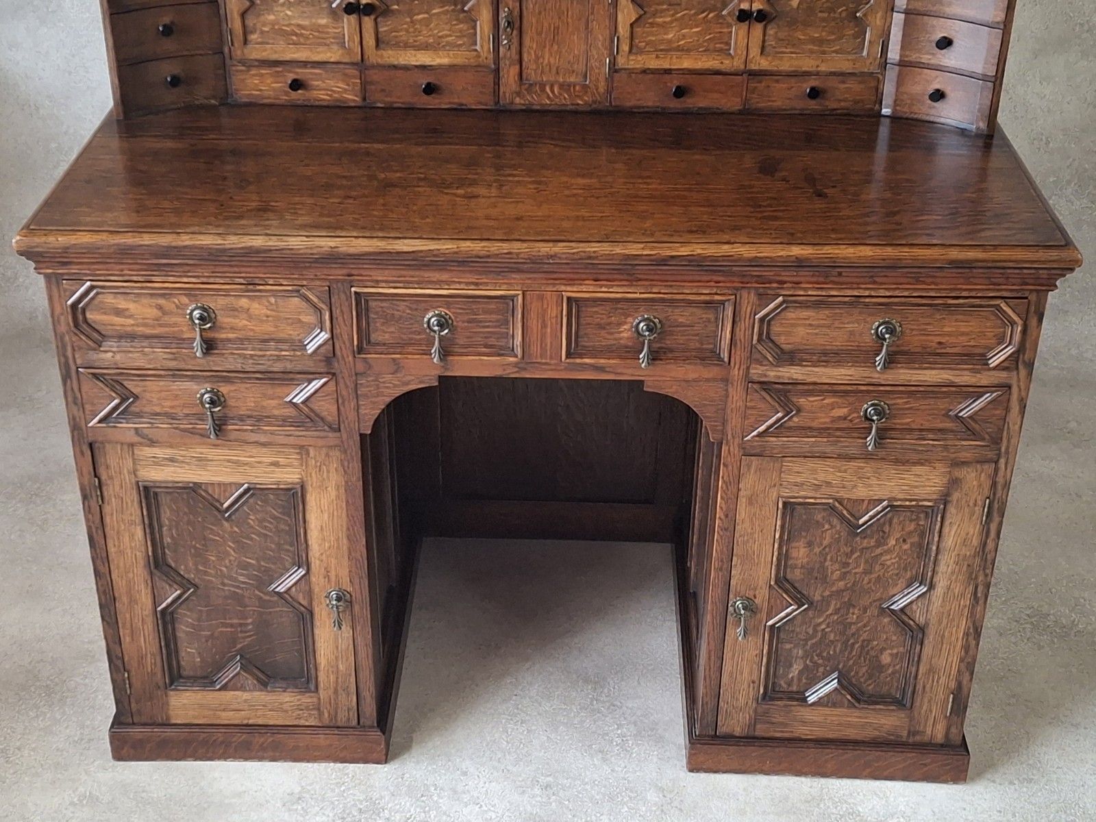 Large Antique Edwardian Jacobean Revival Oak Pedestal Desk Gallery Top photo 595.0