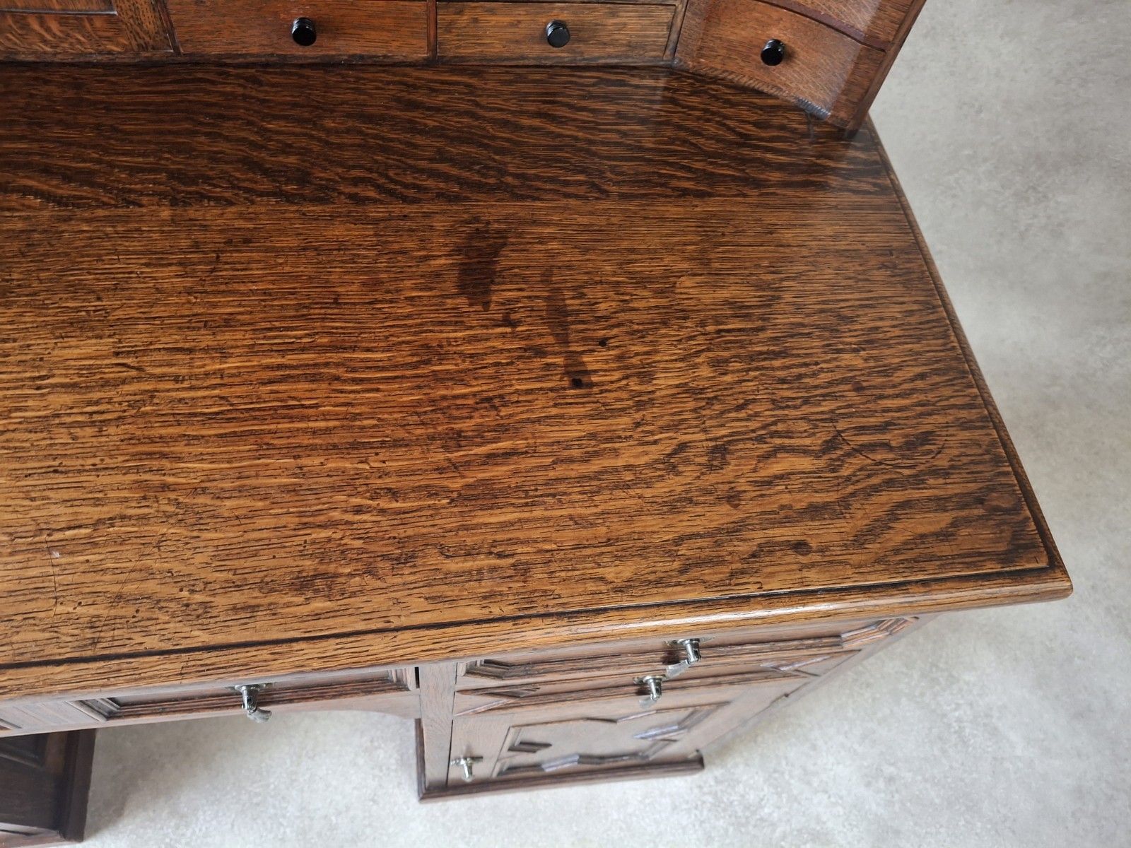 Large Antique Edwardian Jacobean Revival Oak Pedestal Desk Gallery Top photo vintage