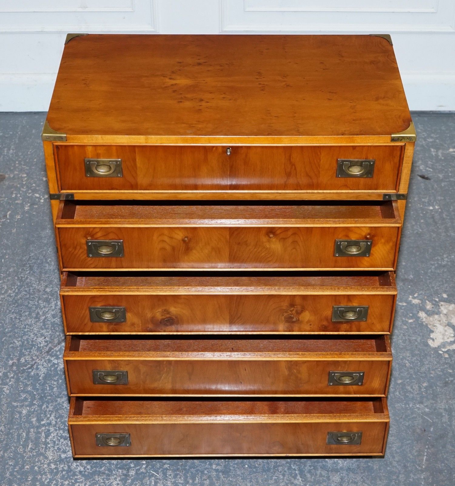 photo buy Vintage Military Campaign Yew Wood Secretary Chest Of Drawers With Brass Handles