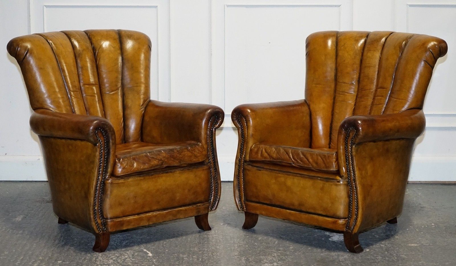 Vintage Pair Of Art Deco Style Hand Dyed Leather Shell Arm Chairs photo furniture