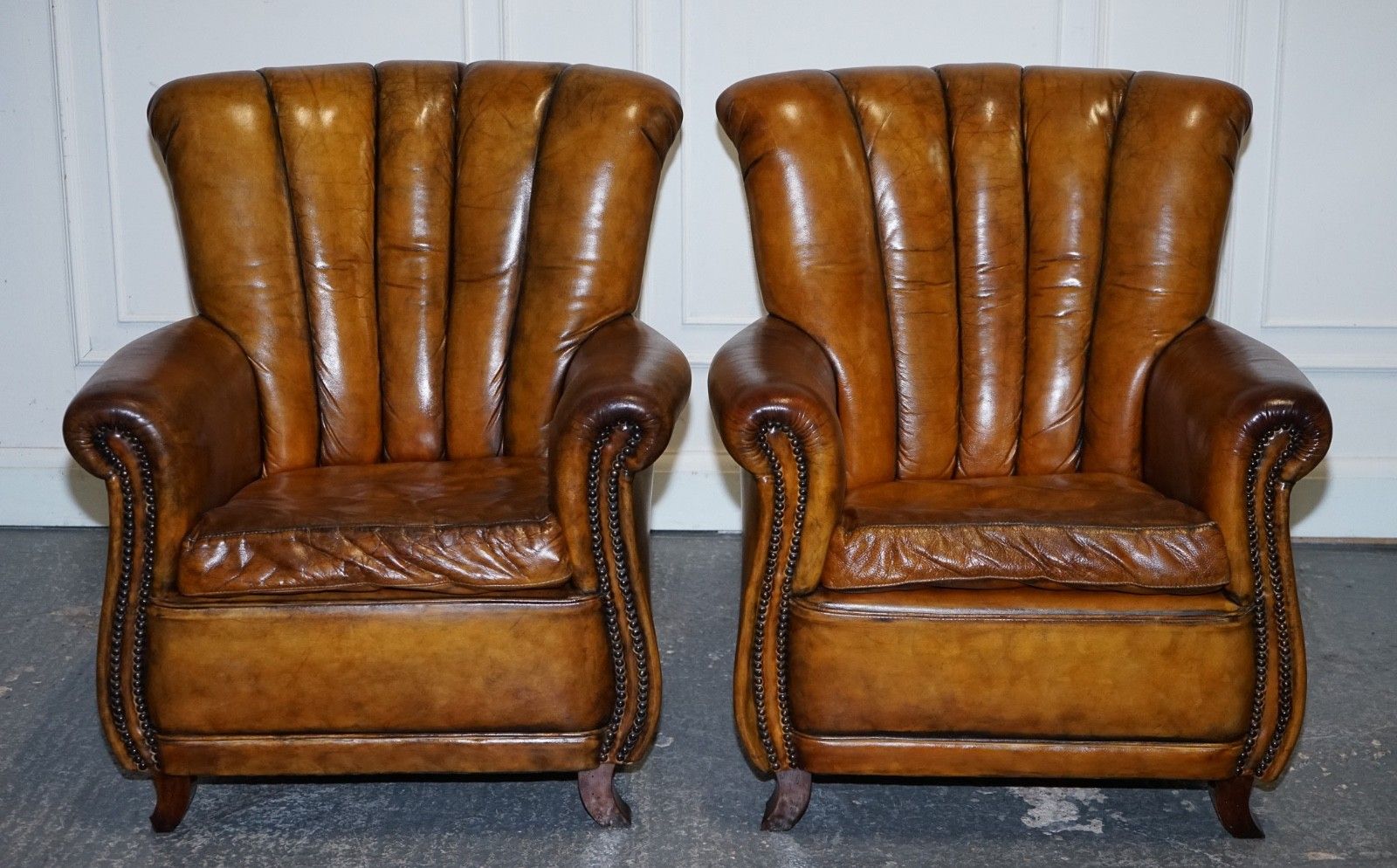 Vintage Pair Of Art Deco Style Hand Dyed Leather Shell Arm Chairs photo for sale