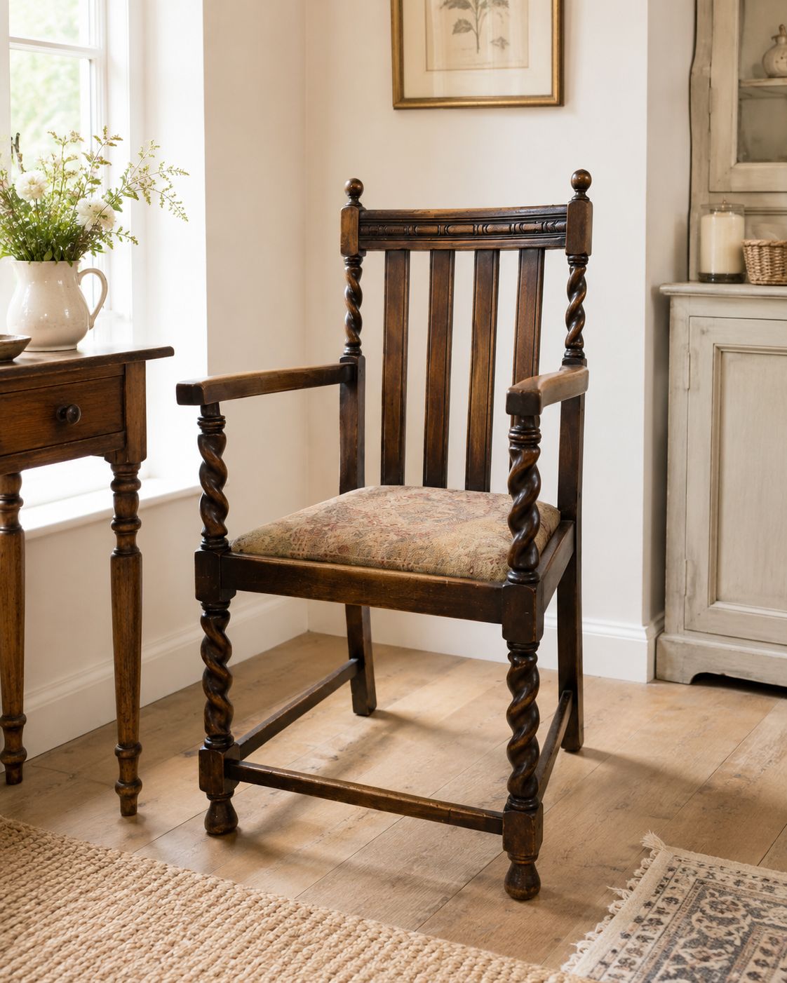 Antique Oak Barley Twist Carver Chair Farmhouse Armchair Spiral Turned Chair