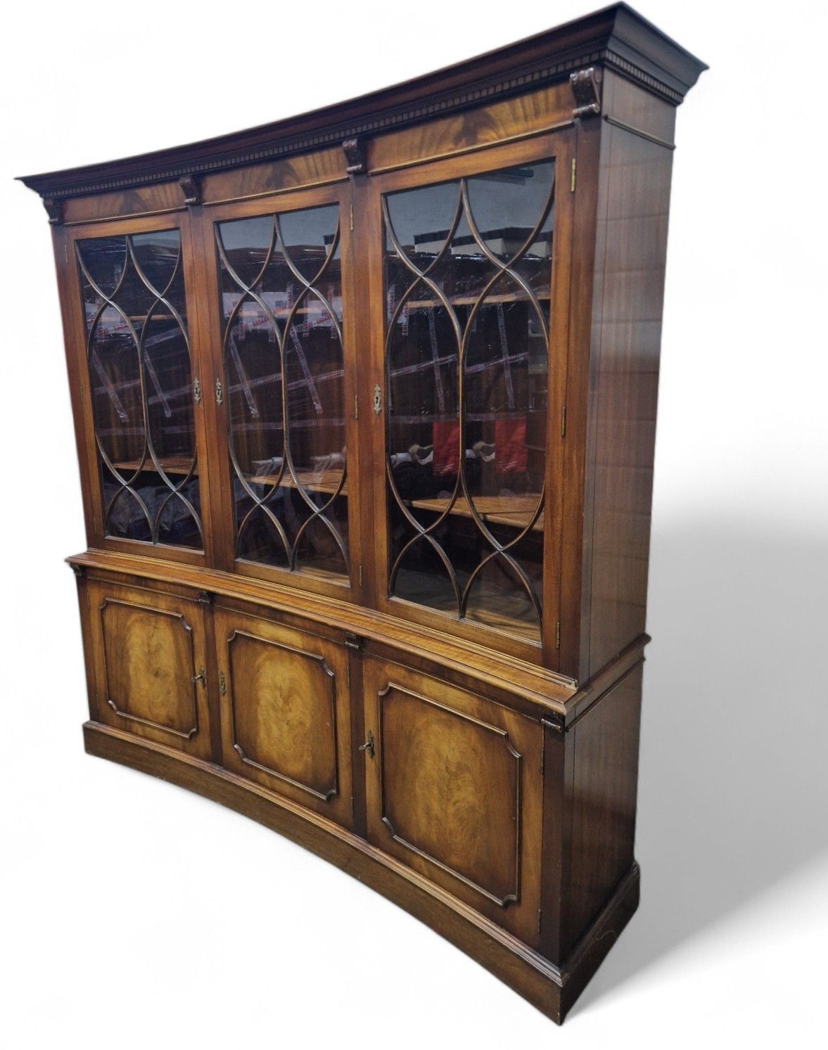 photo vintage Reprodux Mahogany Concave Display Cabinet Astragal Glazed Bookcase 6 Door
