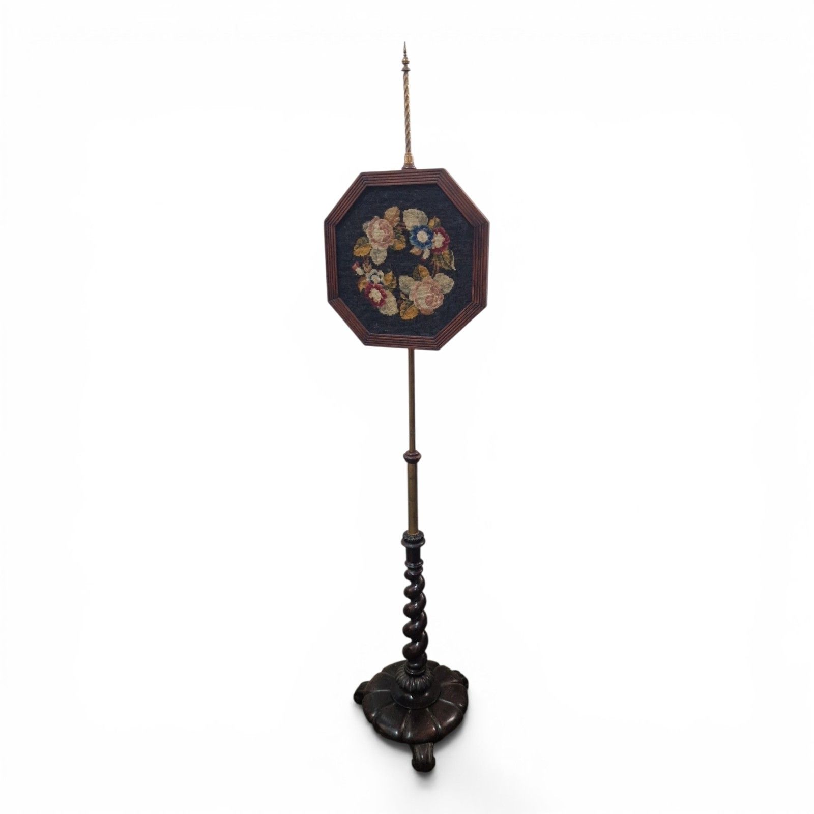 Antique Victorian Pole Screen Adjustable Embroidered Fire Screen Spiral Twist