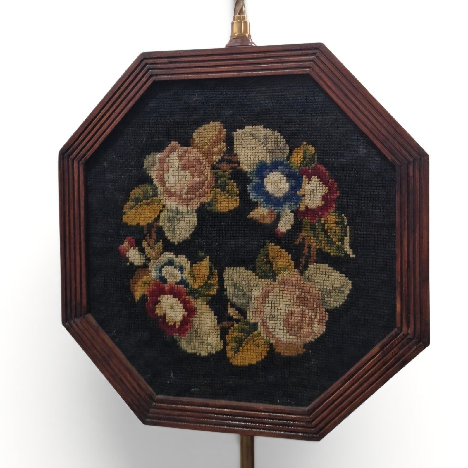 Antique Victorian Pole Screen Adjustable Embroidered Fire Screen Spiral Twist photo for sale