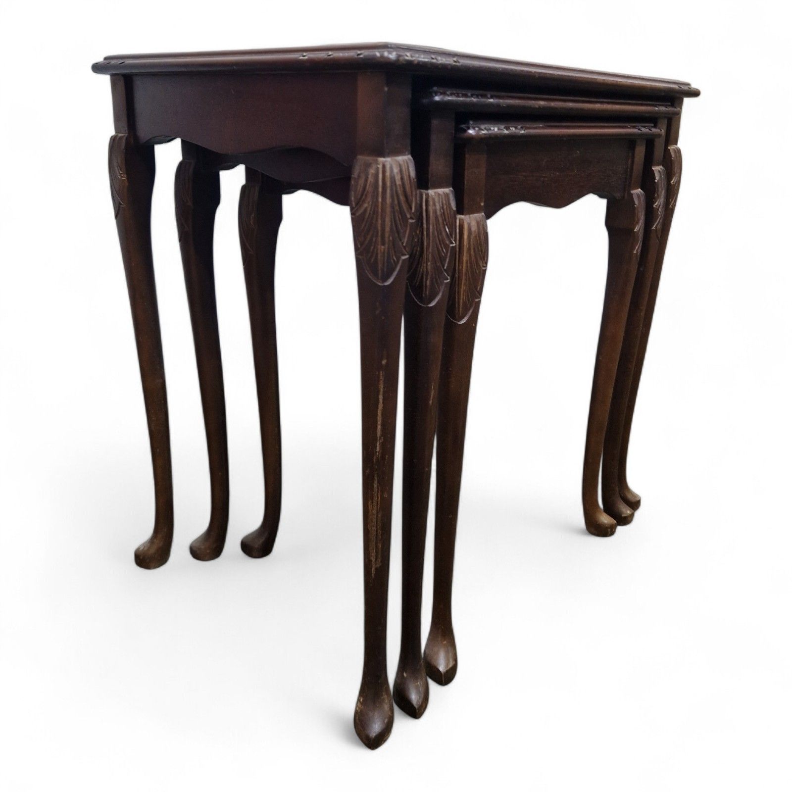 Carved Mahogany Nest Of 3 Tables Cabriole Leg Side Lamp Occasional Tables photo for sale