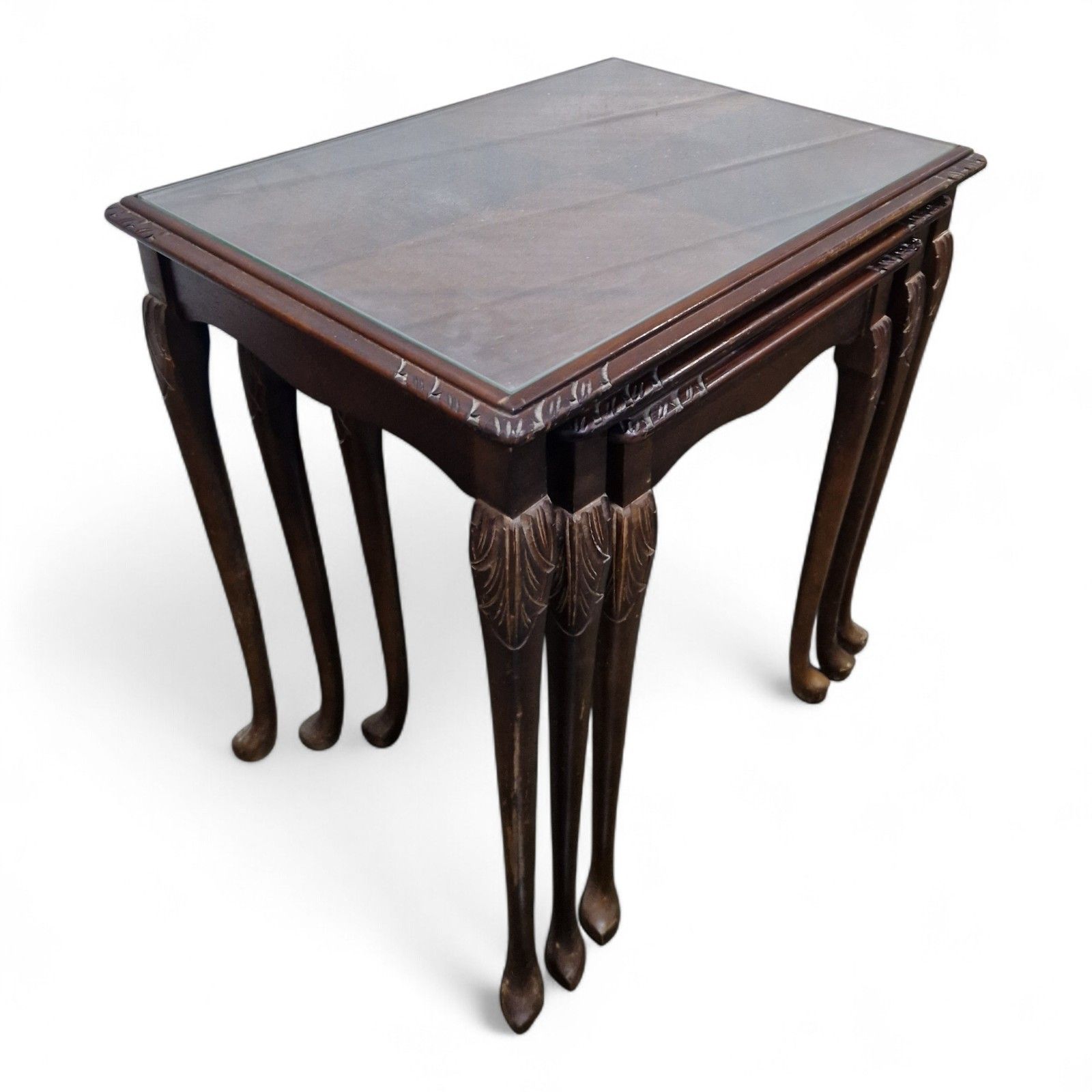 Carved Mahogany Nest Of 3 Tables Cabriole Leg Side Lamp Occasional Tables photo vintage