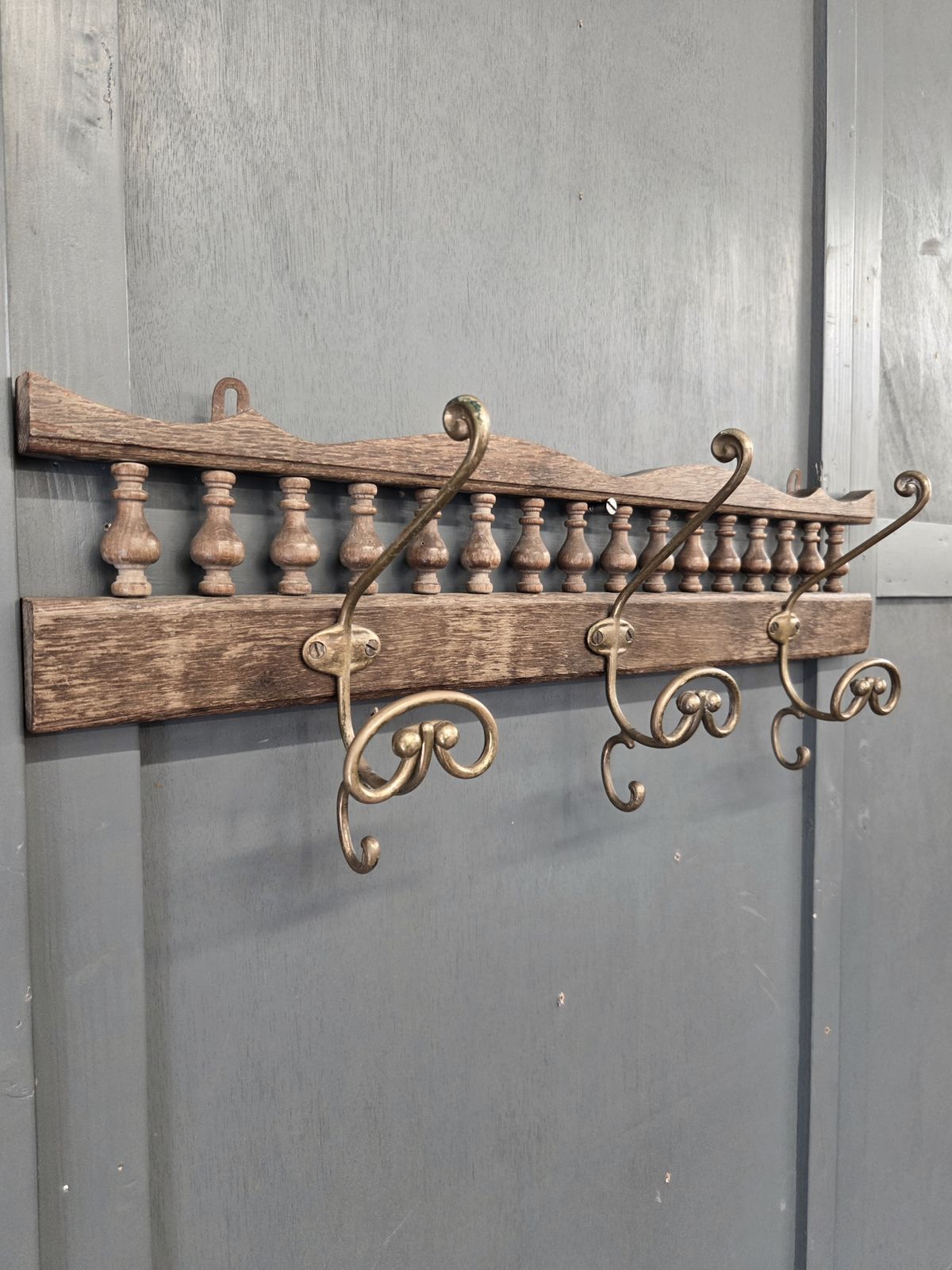 Antique French Hardwood & Brass Coat Rack photo furniture
