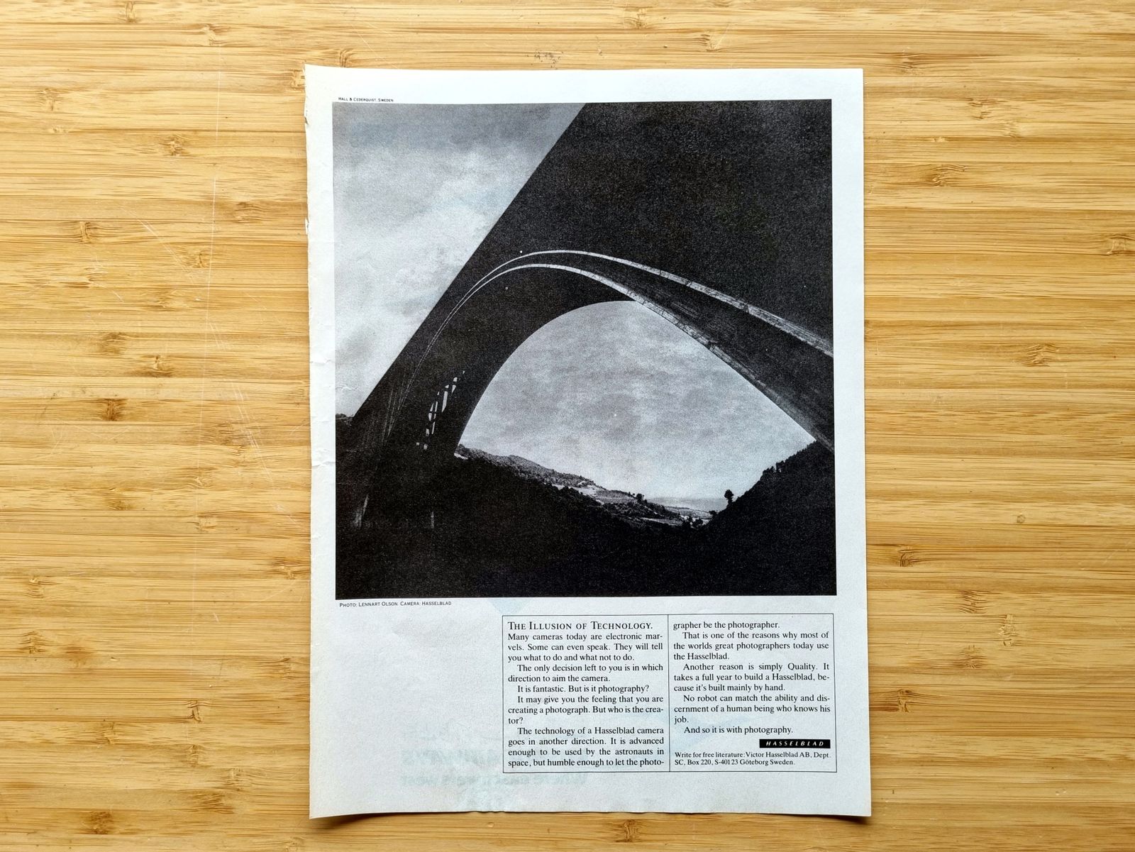 Vintage Camera Ad Page, Hasselblad, Lennart Olson Photo, Black And White Bridge, 1980s Original Magazine Advertising