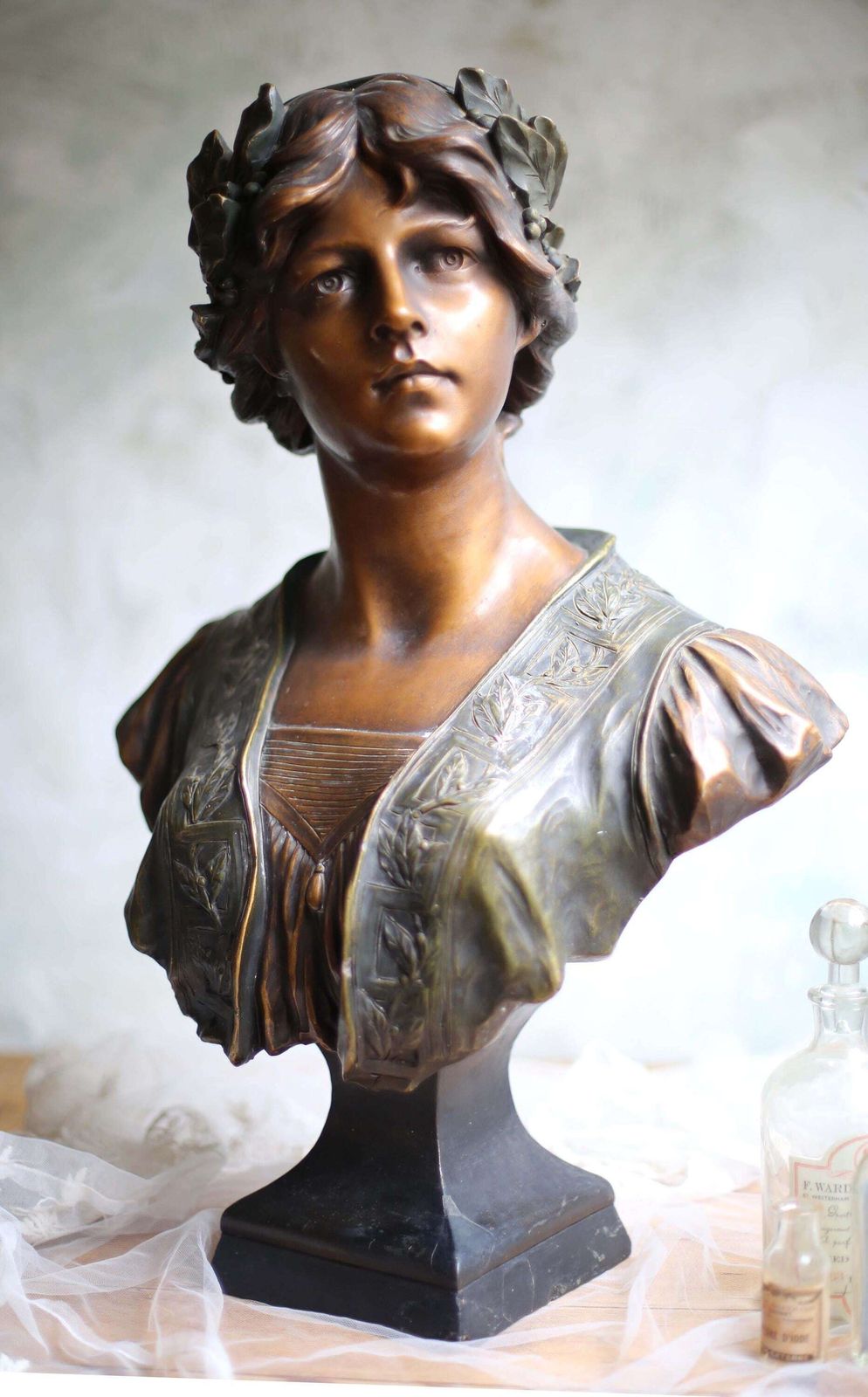Art Nouveau Statue Large Antique Bust Bronzed Figurine Sappho Gustav Van Vaerenbergh. photo furniture