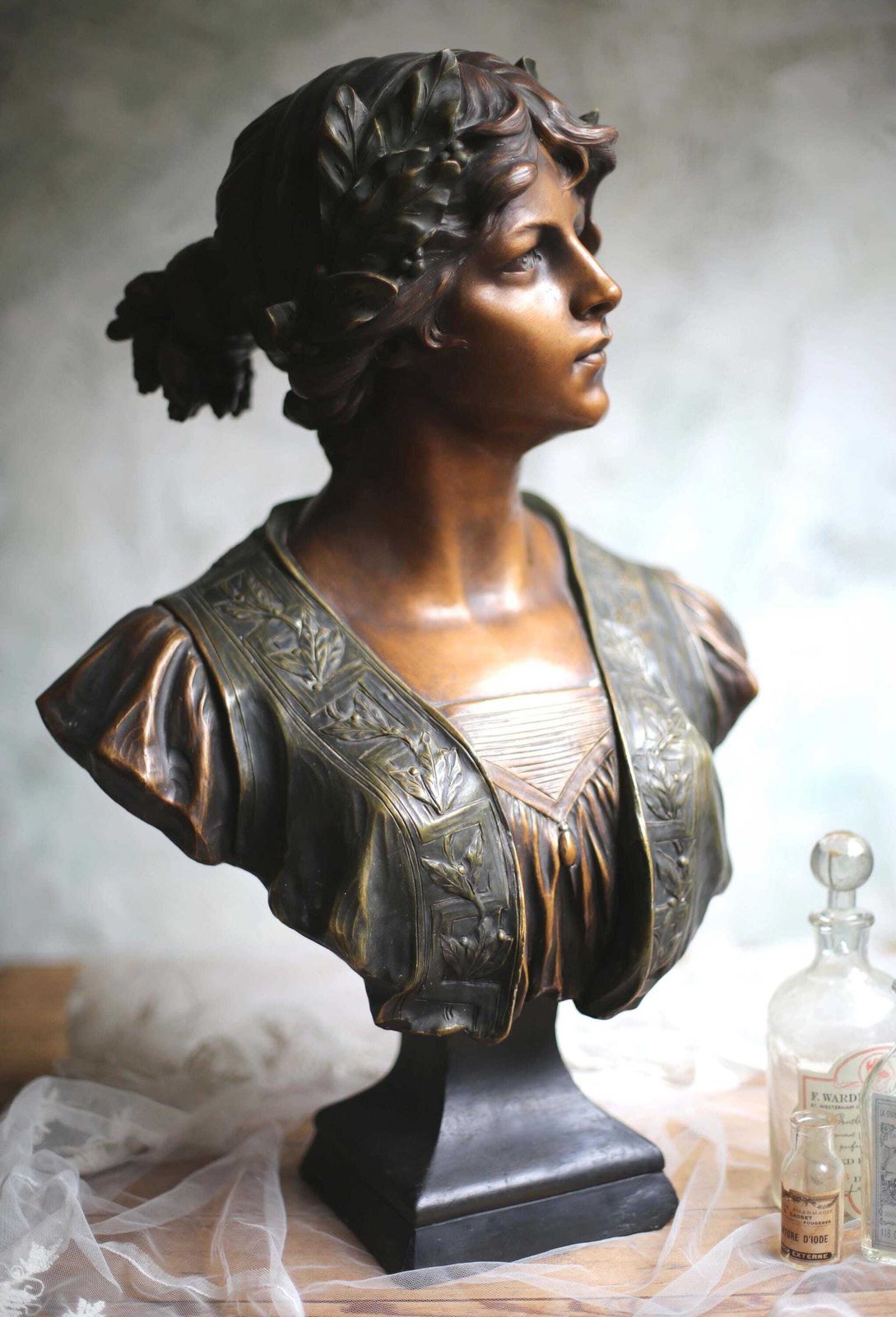 Art Nouveau Statue Large Antique Bust Bronzed Figurine Sappho Gustav Van Vaerenbergh. photo Art