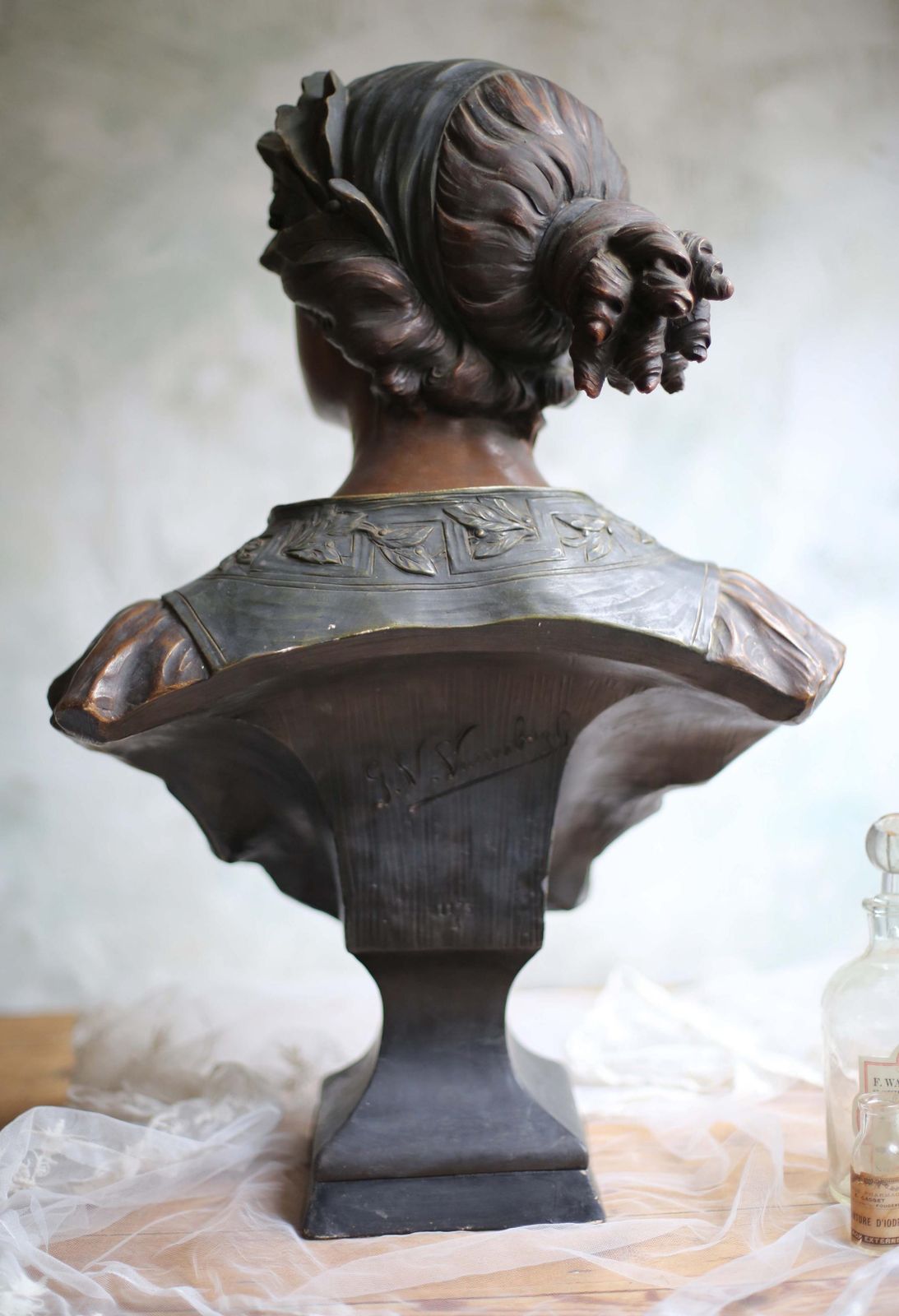 1450.0 Art Nouveau Statue Large Antique Bust Bronzed Figurine Sappho Gustav Van Vaerenbergh. photo