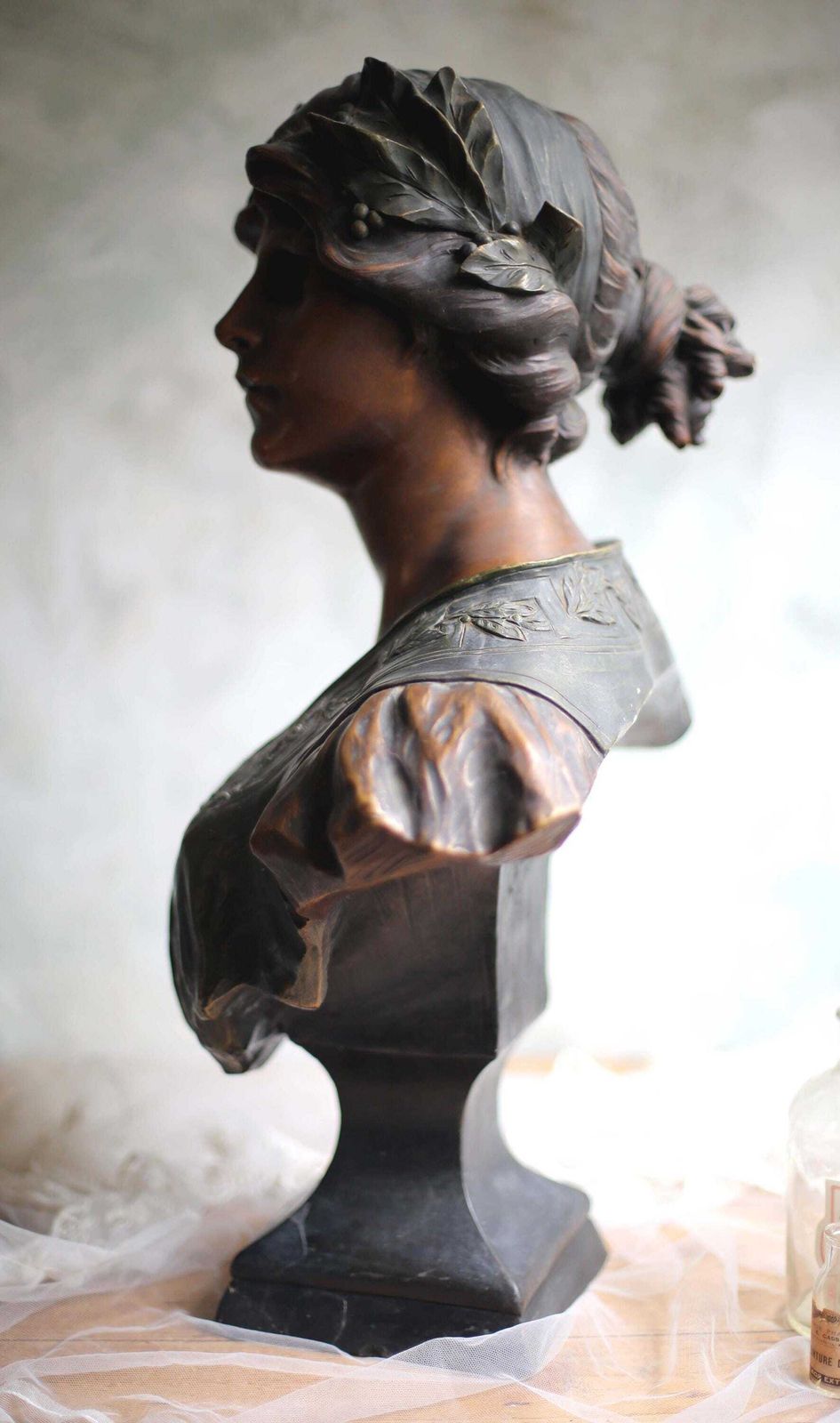 photo buy Art Nouveau Statue Large Antique Bust Bronzed Figurine Sappho Gustav Van Vaerenbergh.