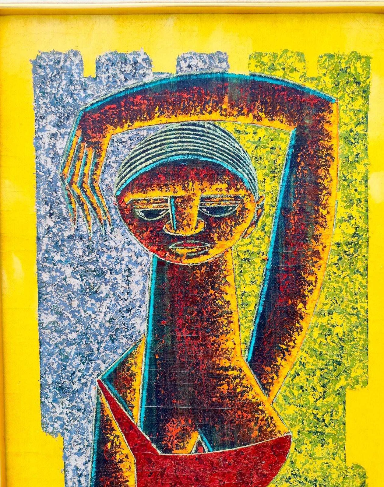 Nkutu A Zowa Woman Africa Tempera Painting On Canvas Unique Work With Frame 1981 photo furniture