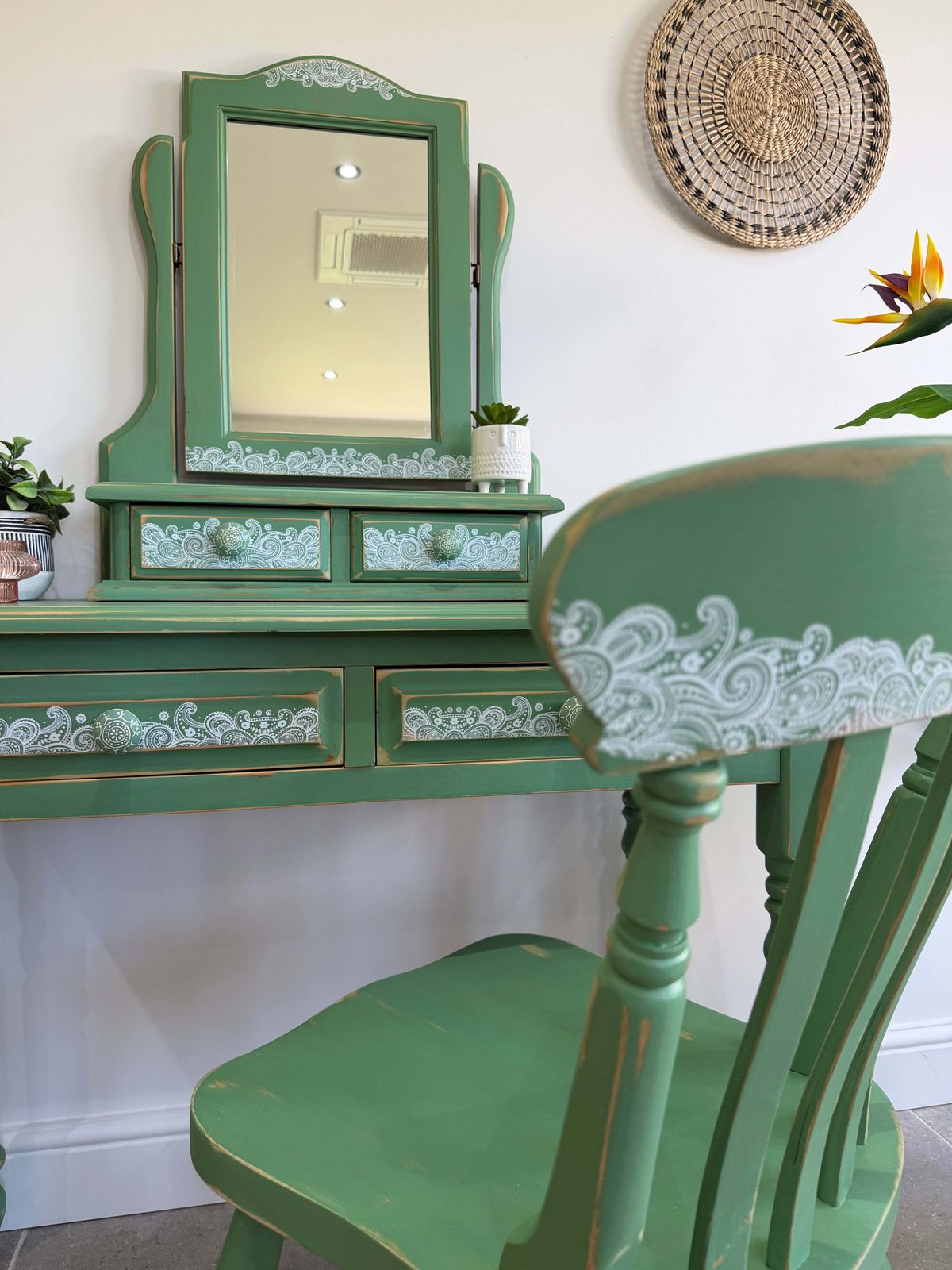 bohemian dressing table Boho Style Pine Table, Mirror And Chair Painted Green And Patterned Size:3X Tadashi Shoji Burgundy Ball Gown Prom