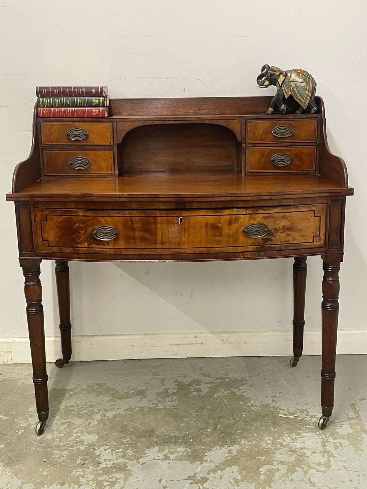 Antique Writing Desk With Raised Back & Drawers Desk On Castors. photo furniture
