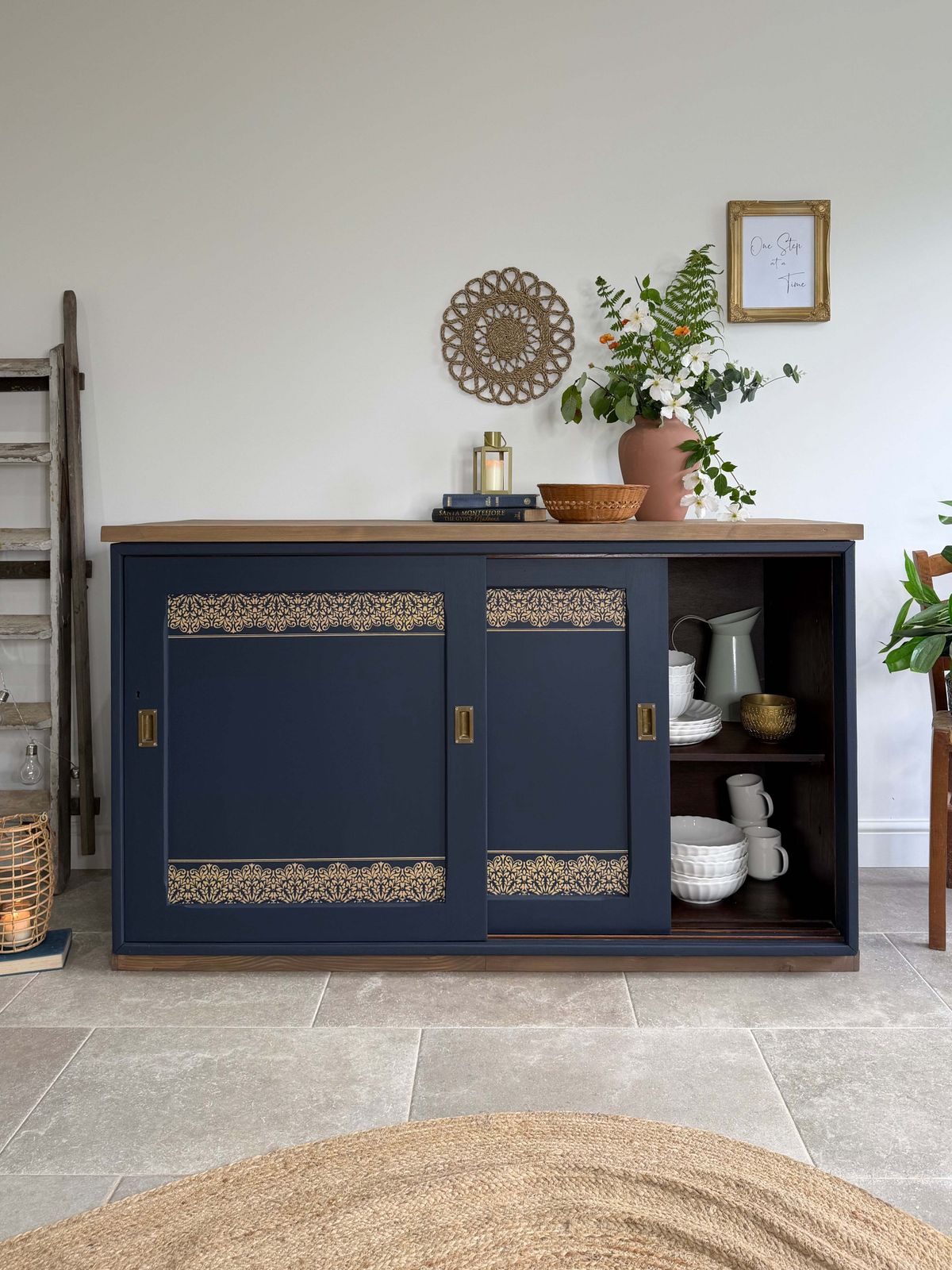Freestanding Vintage Sliding Door Sideboard Painted Navy Blue And Gold photo furniture