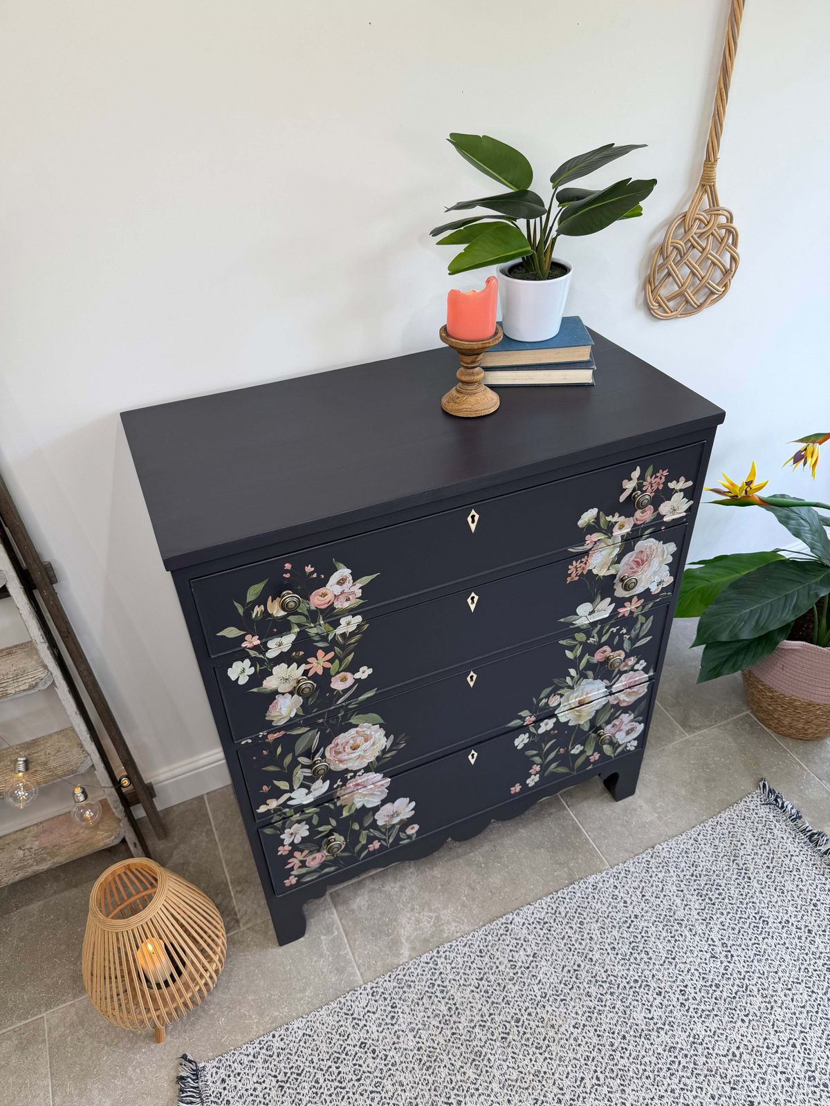 Vintage Chest Of Drawers, Painted Black With Floral Decor photo 475.0