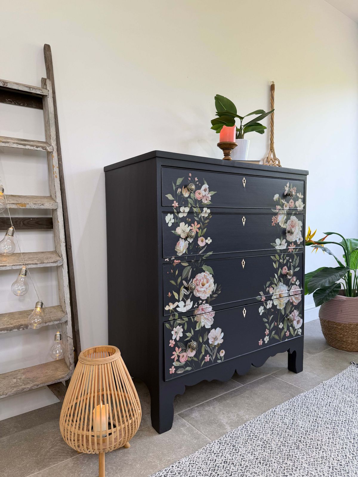 Vintage Chest Of Drawers, Painted Black With Floral Decor photo vinterior