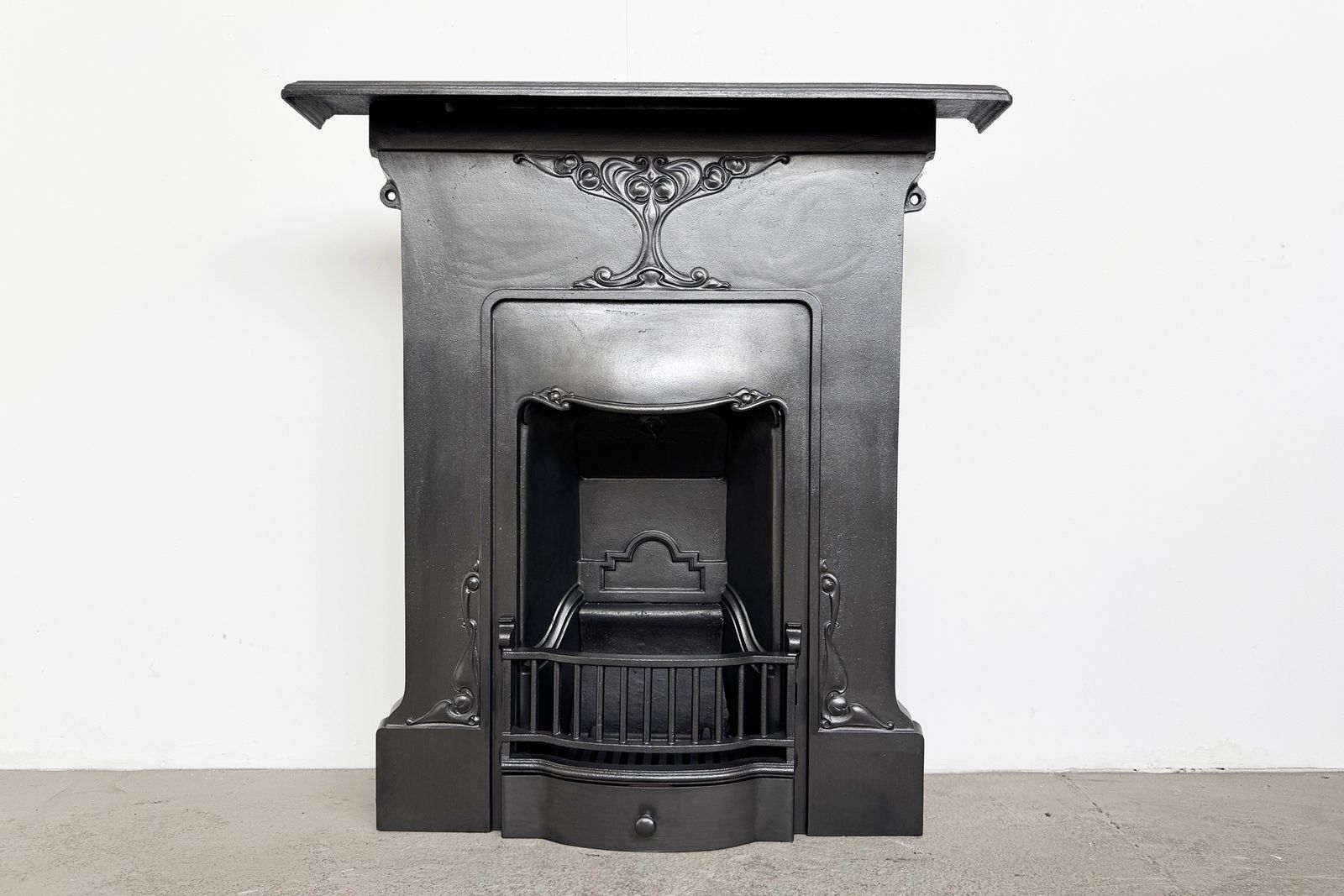 Antique Edwardian Art Nouveau Cast Iron Bedroom Fireplace