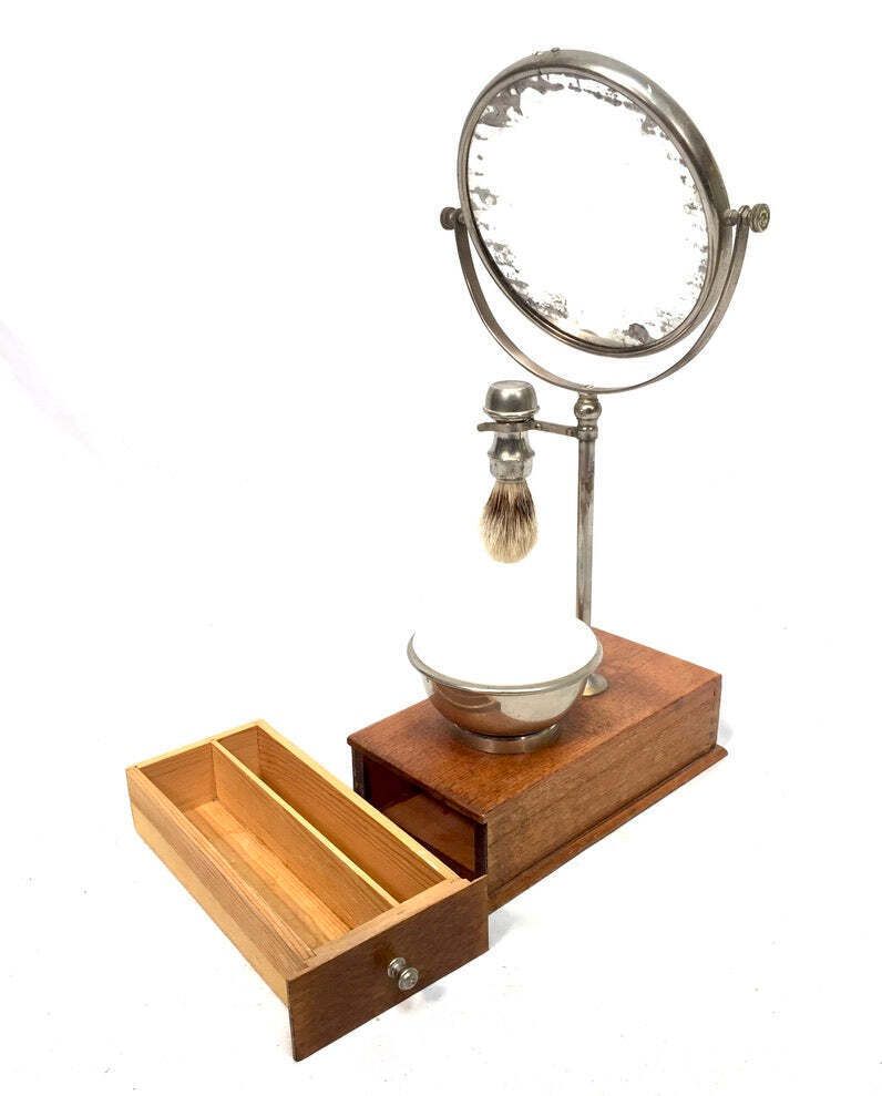 Antique Edwardian Gentleman's Shaving Stand Mirror / Brush &Amp; Shaving Bowl C.1910 photo vinterior