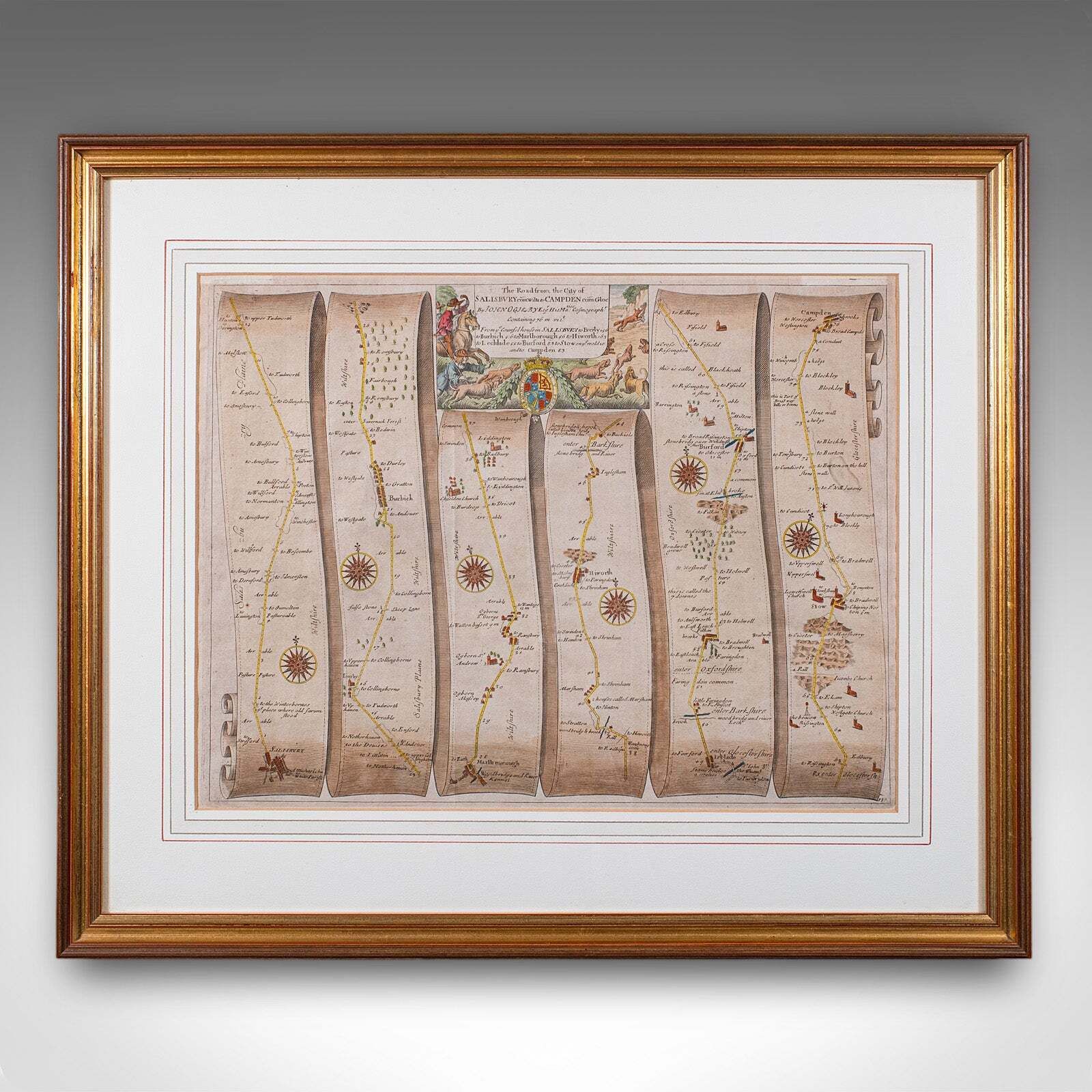 Antique Coaching Map, Salisbury To Campden, English, Framed Cartography, Ogilby photo furniture
