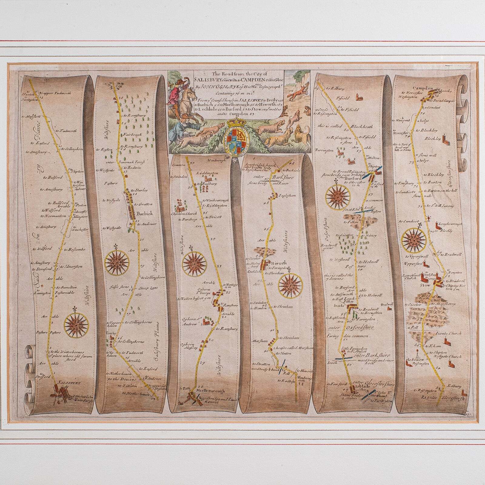 Antique Coaching Map, Salisbury To Campden, English, Framed Cartography, Ogilby photo Art