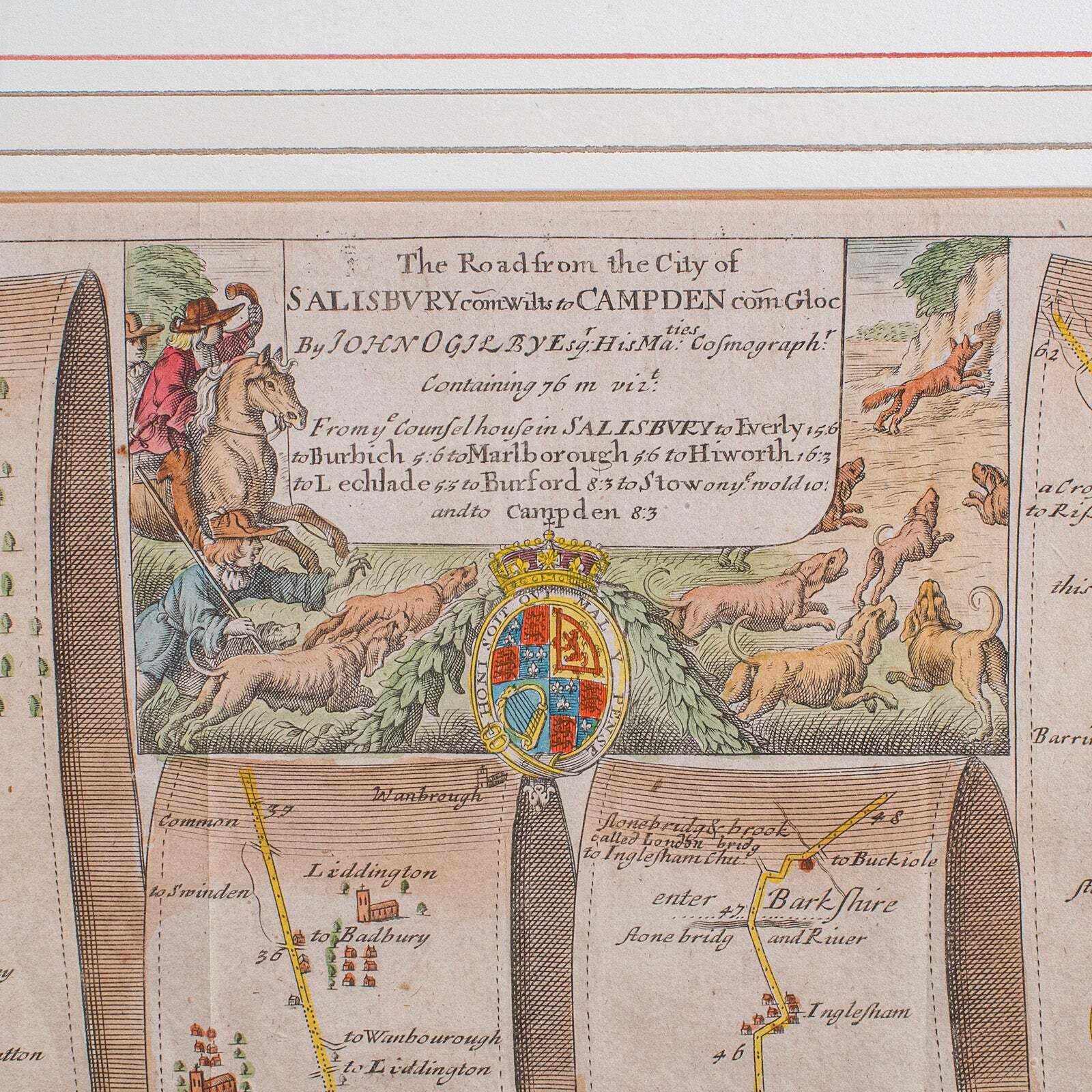 Antique Coaching Map, Salisbury To Campden, English, Framed Cartography, Ogilby photo 709.0