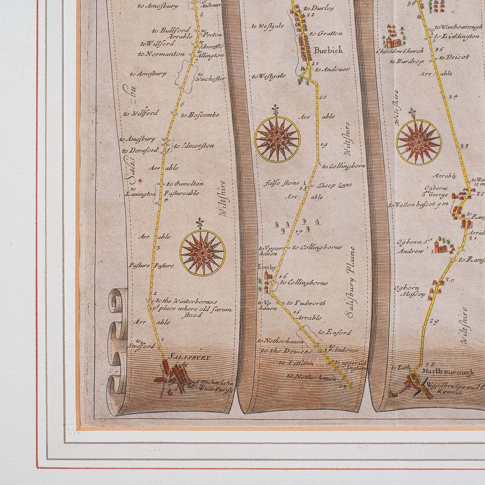 Antique Coaching Map, Salisbury To Campden, English, Framed Cartography, Ogilby photo buy