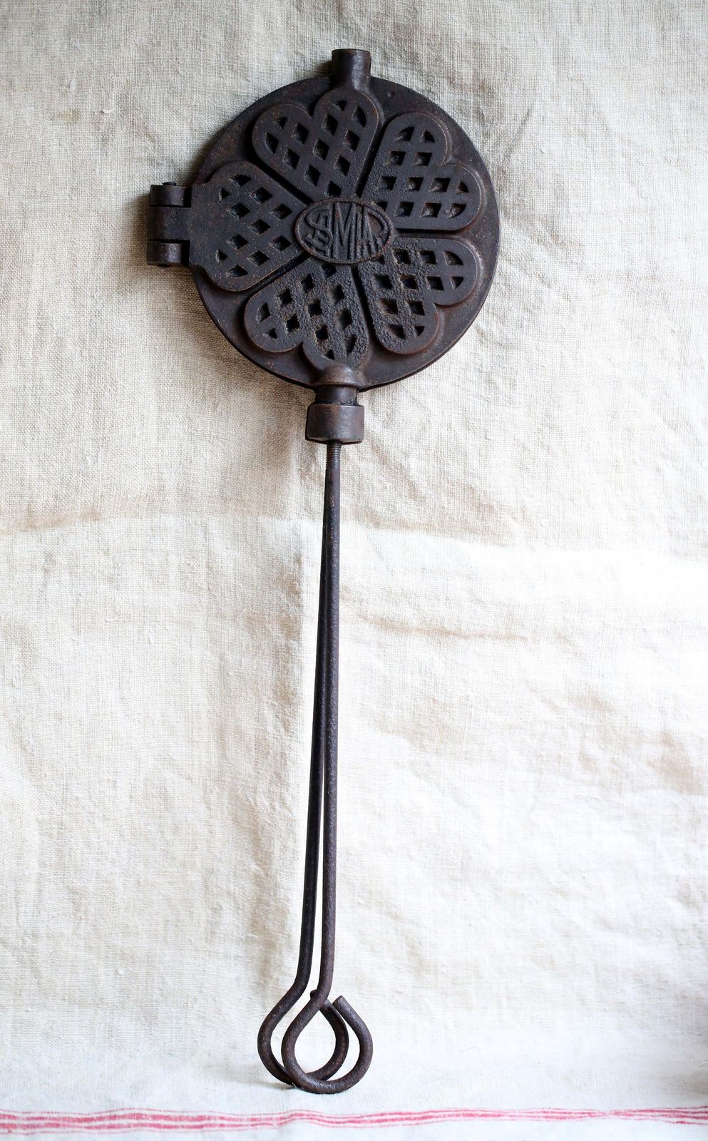 Large Antique Waffle Iron French Primitive With Hearts Black Cast Iron Stove Top Pan