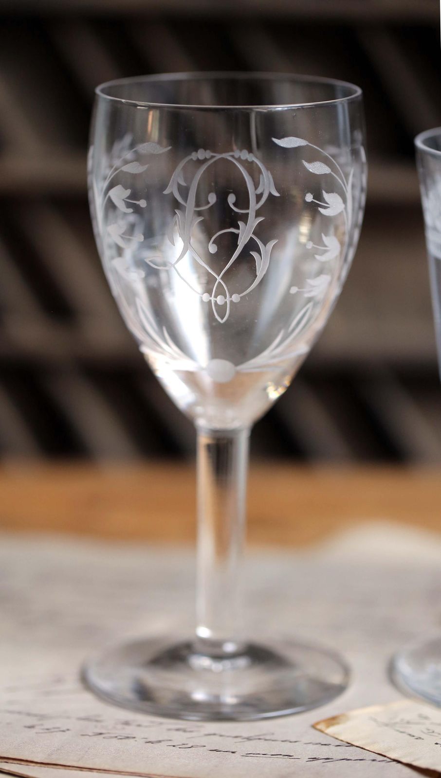 Home Decor Collection Of 9 Antique Crystal Glasses Engraved Monogrammed Wine Glasses Baccarat photo