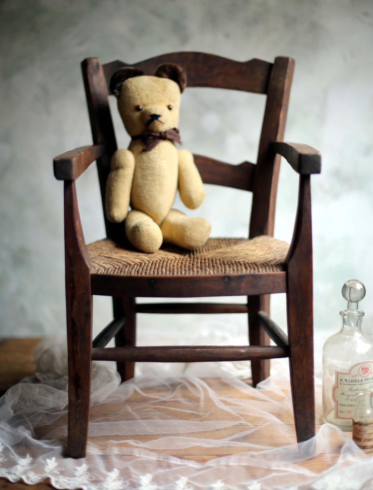 Child Antique Chair Wooden Miniature French Carved Woven Straw Seat Apprentice Piece photo furniture