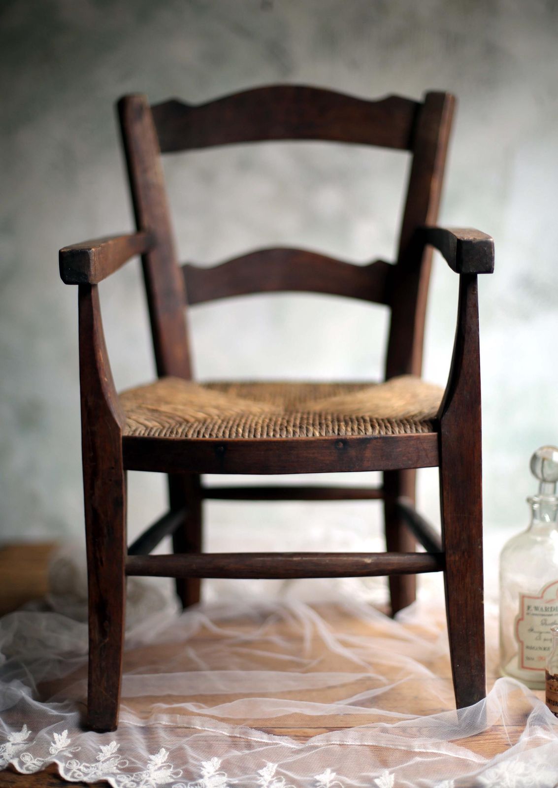 Child Antique Chair Wooden Miniature French Carved Woven Straw Seat Apprentice Piece photo for sale
