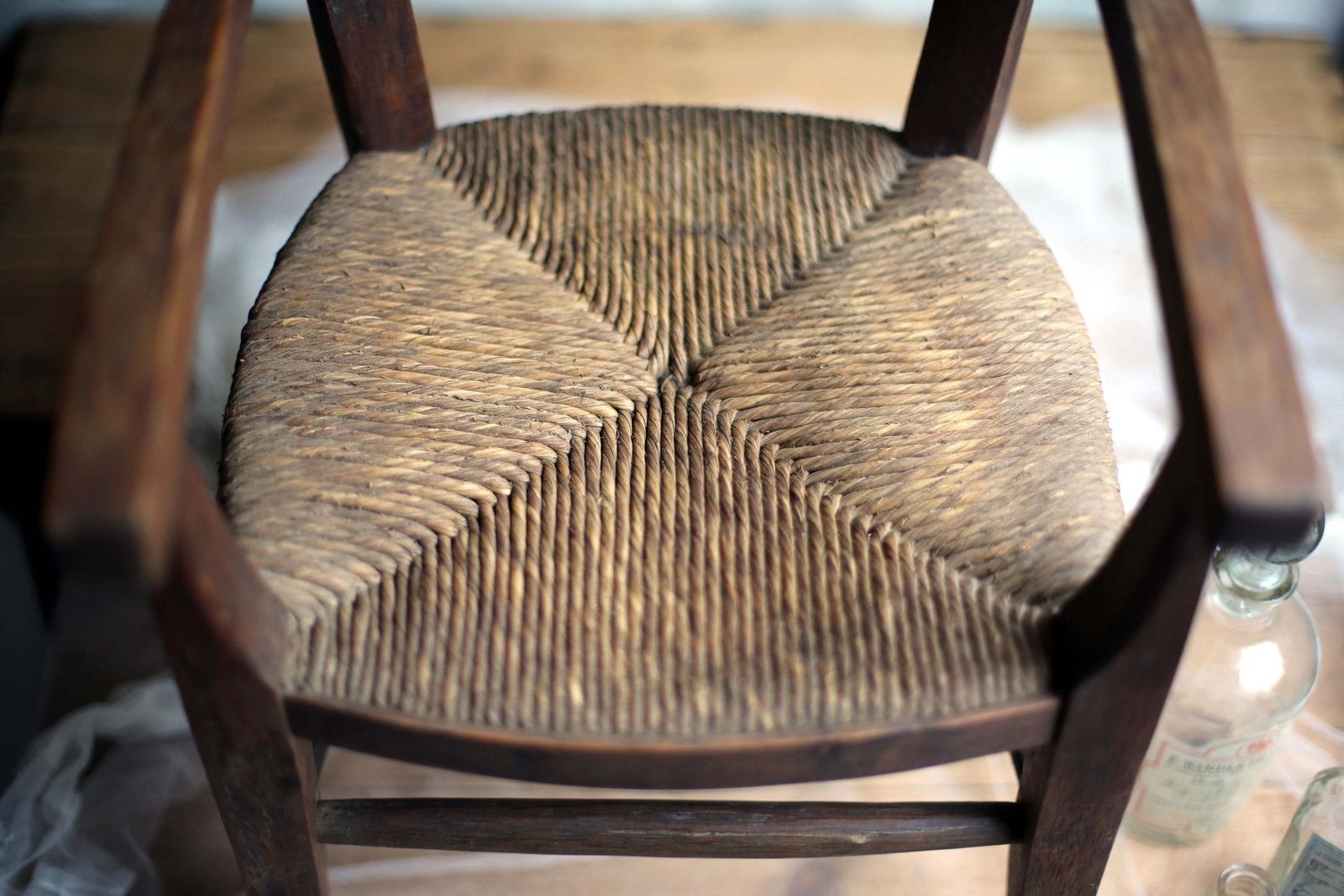 Child Antique Chair Wooden Miniature French Carved Woven Straw Seat Apprentice Piece photo Furniture